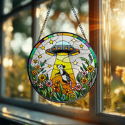 Mother's day gift set 2025 - UFO Abduction Opossum Wildflowers Glass Suncatcher - Funny Gifts for Window Hanging, Indoor Decor, Opossum Sign