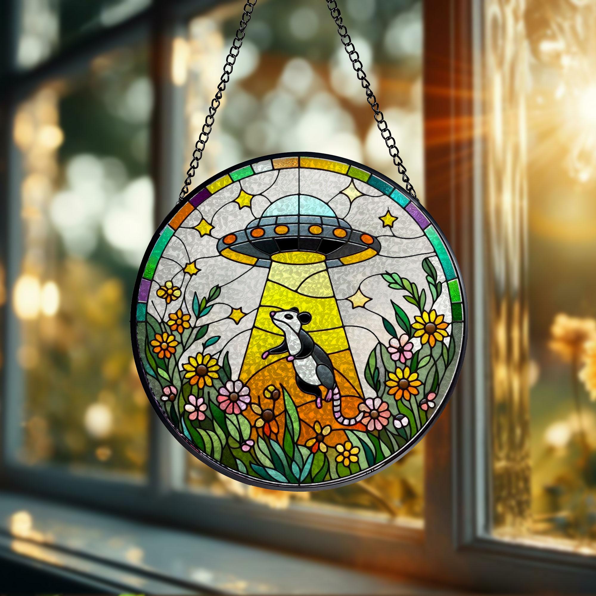 Mother's day gift set 2025 - UFO Abduction Opossum Wildflowers Glass Suncatcher - Funny Gifts for Window Hanging, Indoor Decor, Opossum Sign