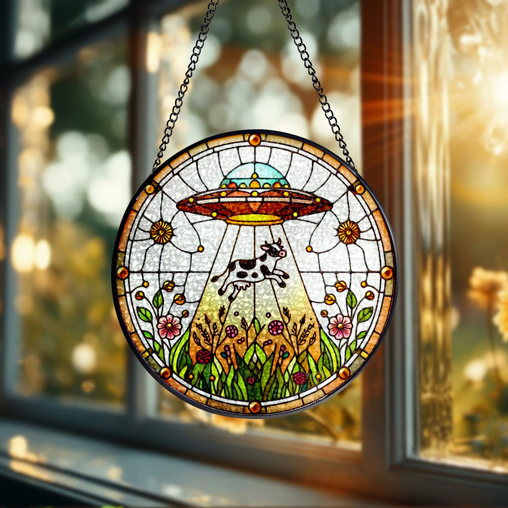 UFO Abduction Cow Wildflowers Glass Suncatcher - Funny Gifts for Women, Window Hanging, Indoor Decor, Suncatcher, Cow Sign