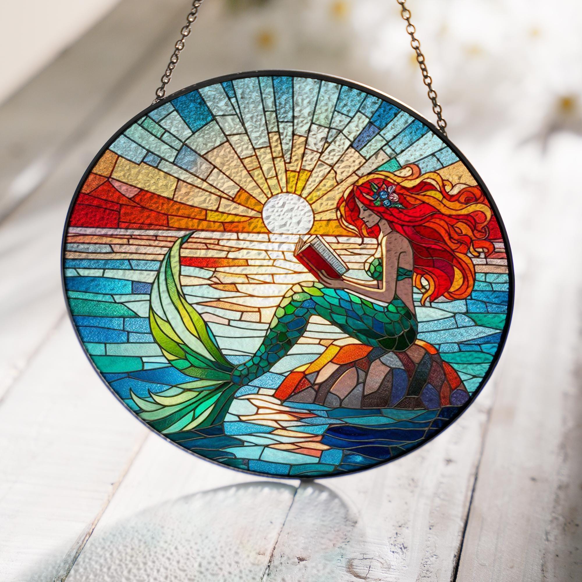 Mermaid read books GLASS Window Hanging, Mermaid lover gift, romantic meramid, sunset suncatcher, mermaid window hanging, fantasy reader