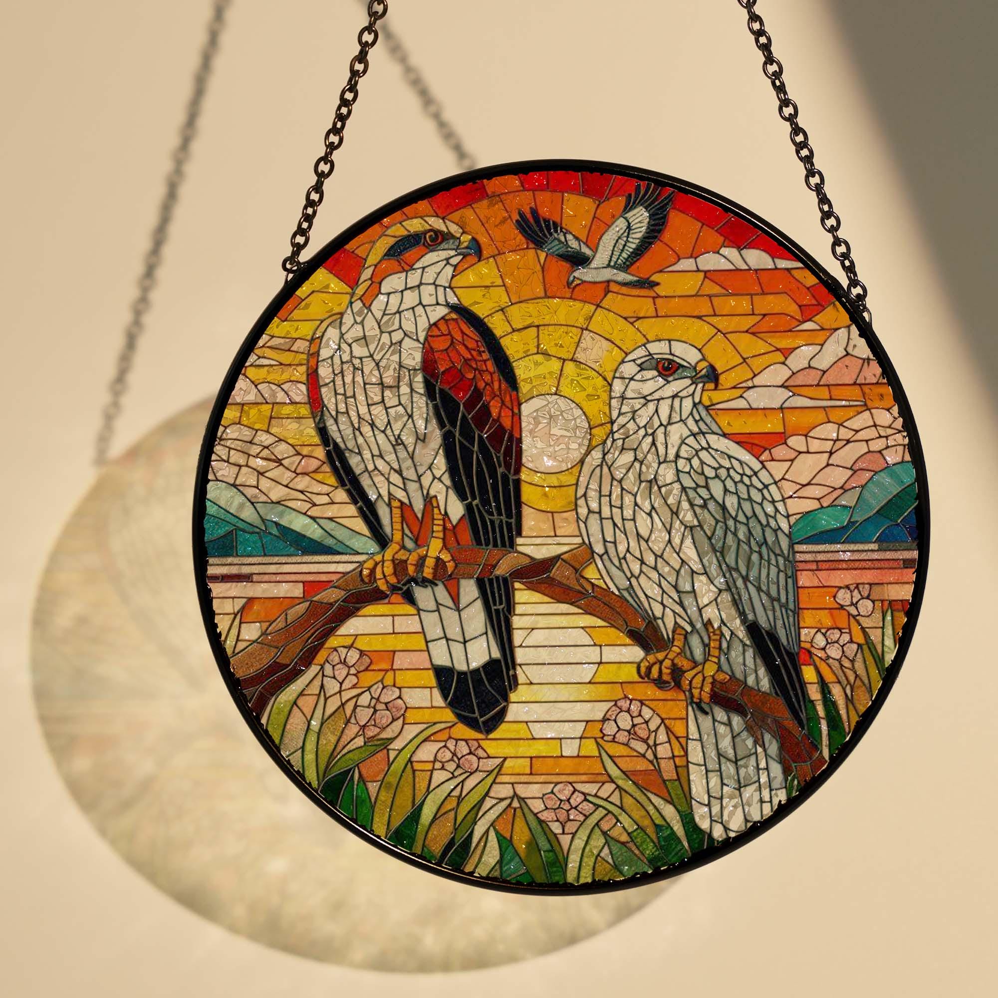 Red Tailed Hawk couple on branch GLASS Hanging, Bird Nerd, Sunset landscape, Bird Suncatcher Decor, Red Tailed Hawk Decor, bird feeder