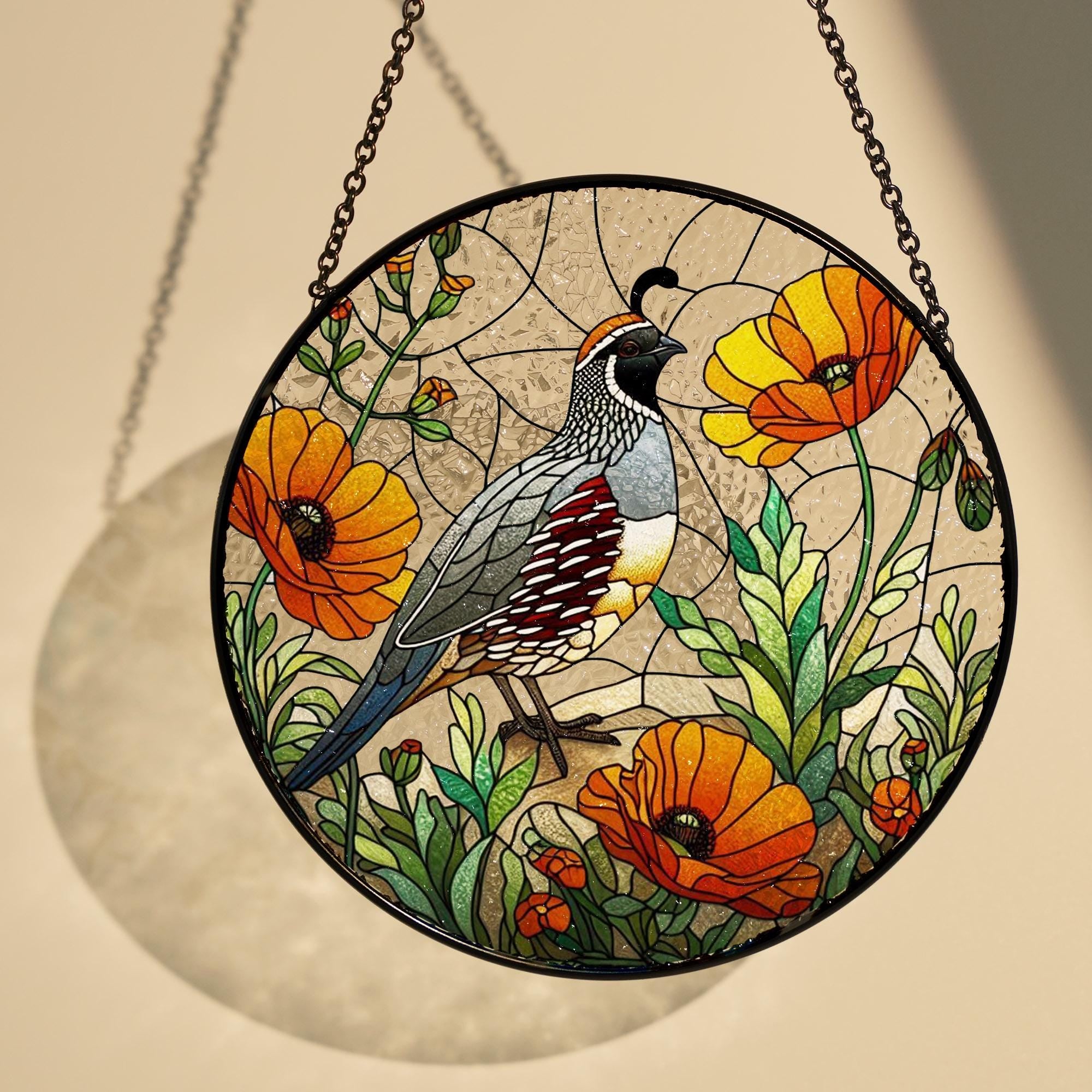 California Quail on poppies branch GLASS Hanging, Bird Lover Decor, Mother's day gift set 2025, Bird Suncatcher Decor, California Quail