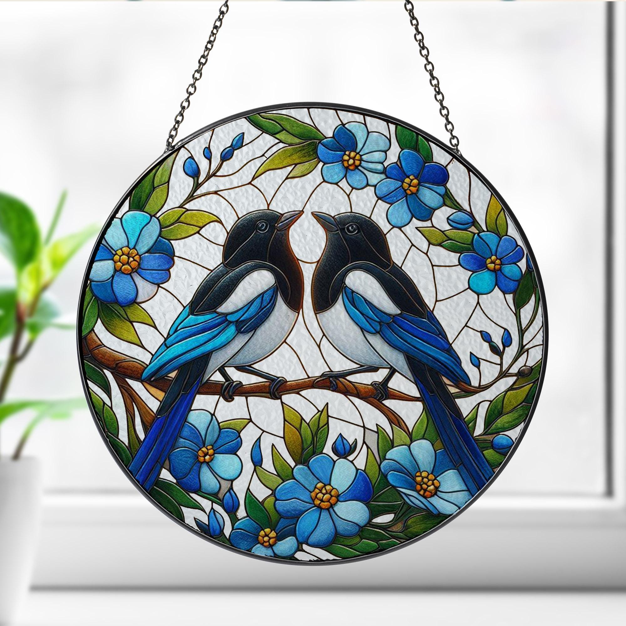 Blue Magpie on branch GLASS Hanging, Bird Lover Decor, Bird Nerd, Home Decor, Bird Suncatcher Decor, Blue Magpie Decor