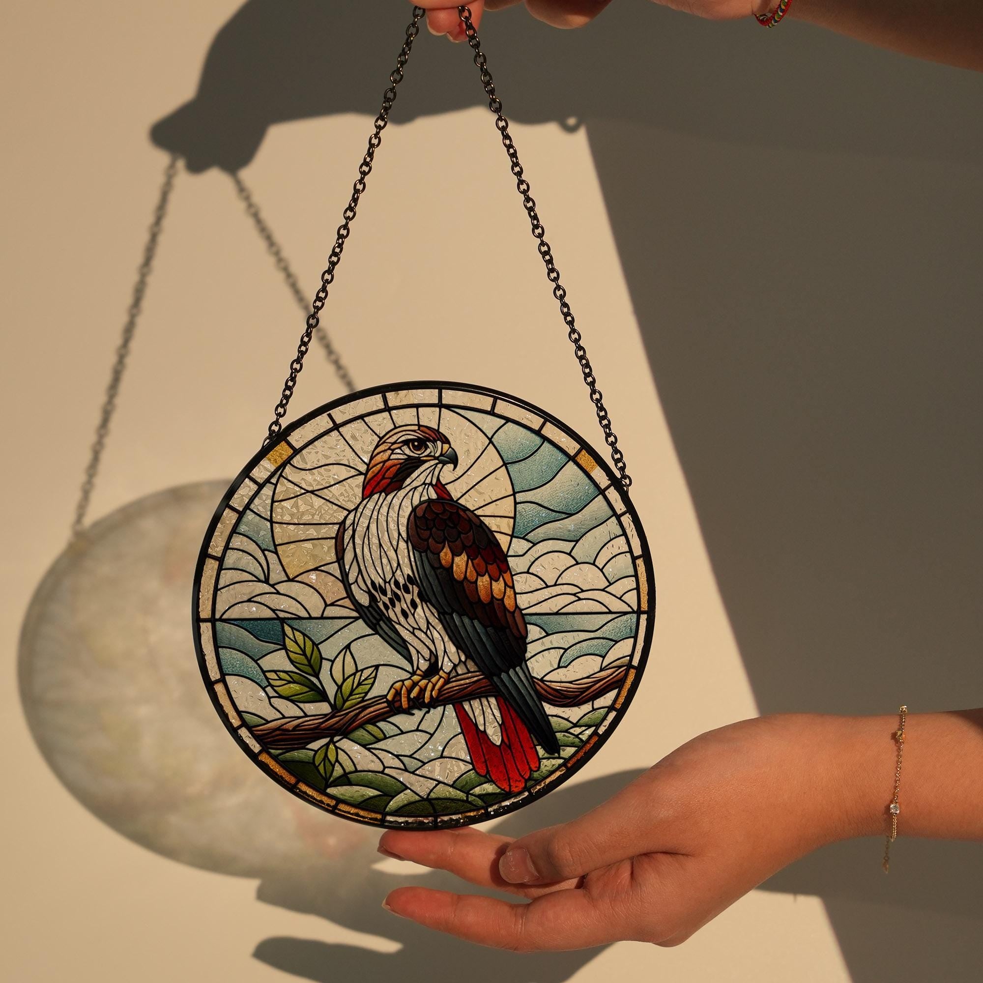 Red Tailed Hawk on branch GLASS Hanging, Bird Lover Decor, Bird Nerd, Home Decor, Bird Suncatcher Decor, Red Tailed Hawk Decor, bird feeder