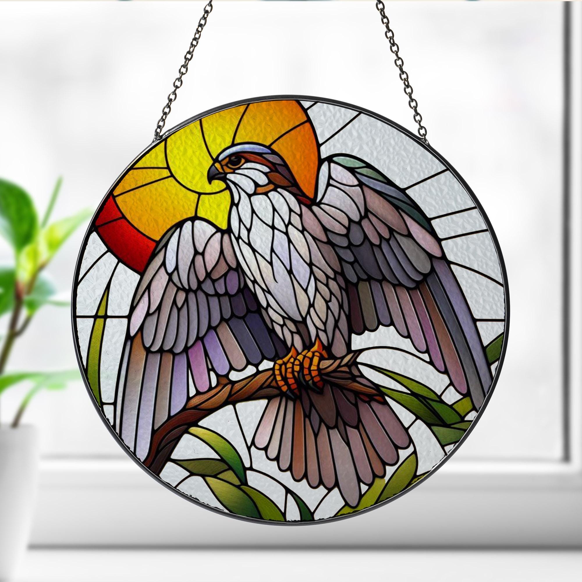 Falcon on branch GLASS Hanging, Bird Lover Decor, Bird Nerd, Home Decor, Bird Suncatcher Decor, Falcon bird Decor, bird feeder