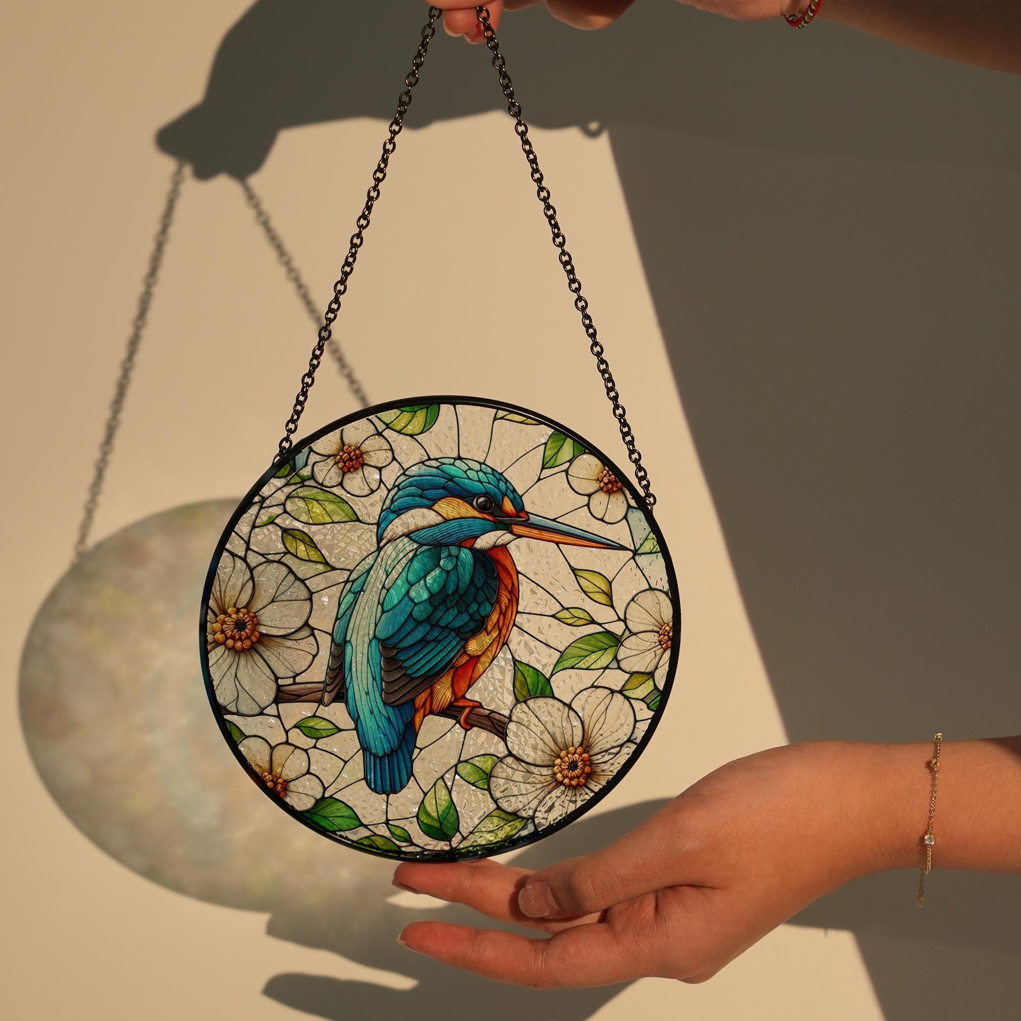 Kingfisher on branch GLASS Hanging, Bird Lover Decor, Bird Nerd, Home Decor, Bird Suncatcher Decor, Kingfisher bird Decor, bird feeder