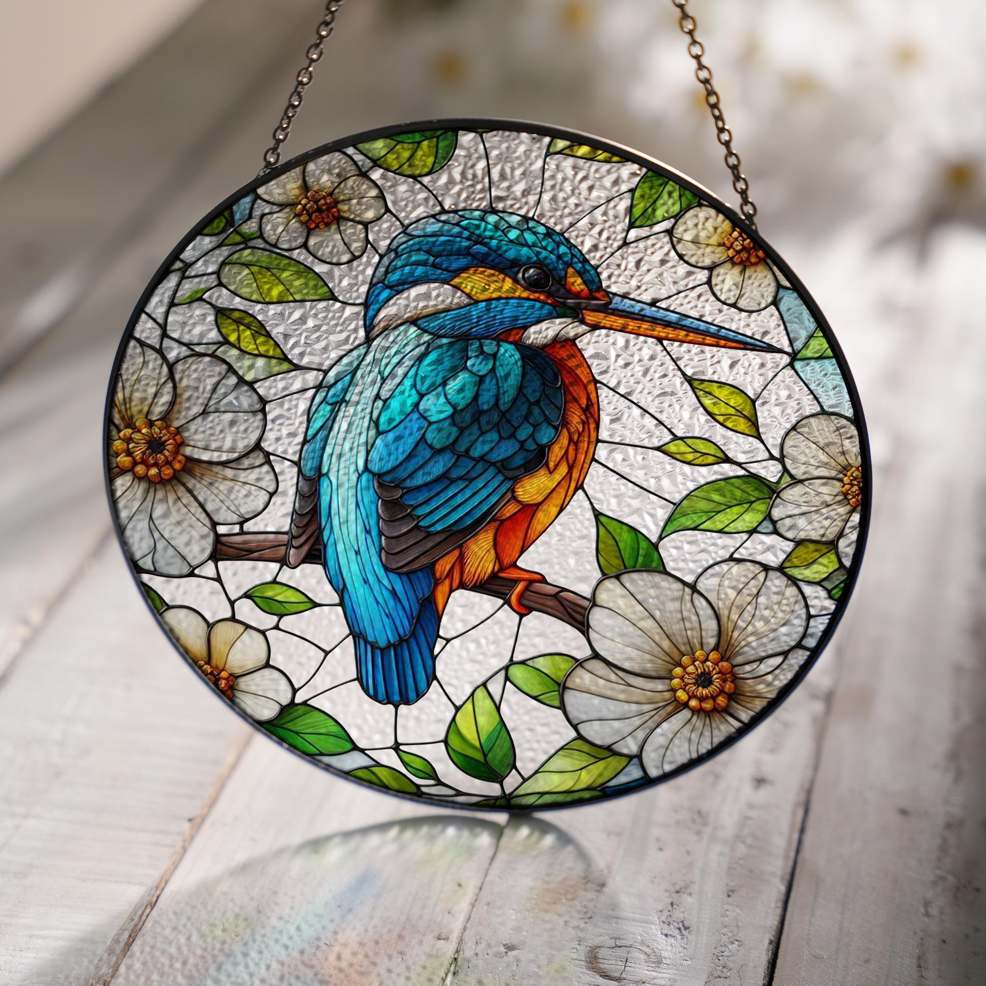 Kingfisher on branch GLASS Hanging, Bird Lover Decor, Bird Nerd, Home Decor, Bird Suncatcher Decor, Kingfisher bird Decor, bird feeder