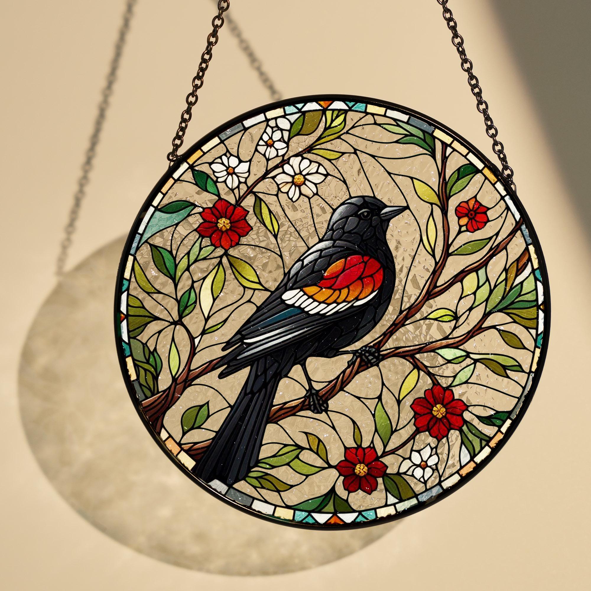 Red winged blackbird on branch GLASS Hanging, Bird Lover Decor, Bird Nerd, Home Decor, Bird Suncatcher Decor, Red winged blackbird Decor