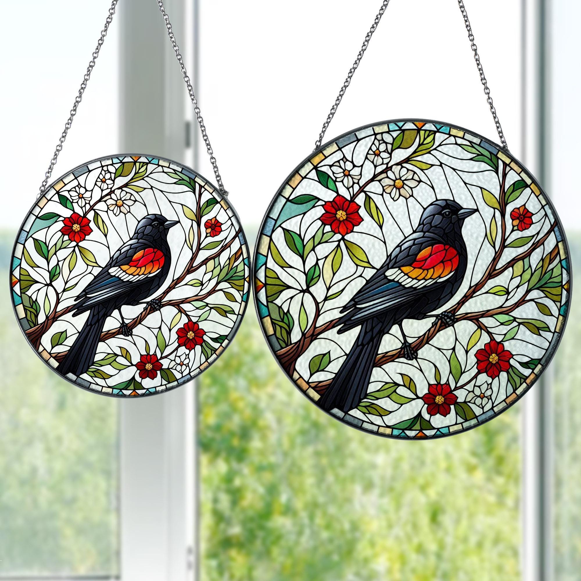 Red winged blackbird on branch GLASS Hanging, Bird Lover Decor, Bird Nerd, Home Decor, Bird Suncatcher Decor, Red winged blackbird Decor