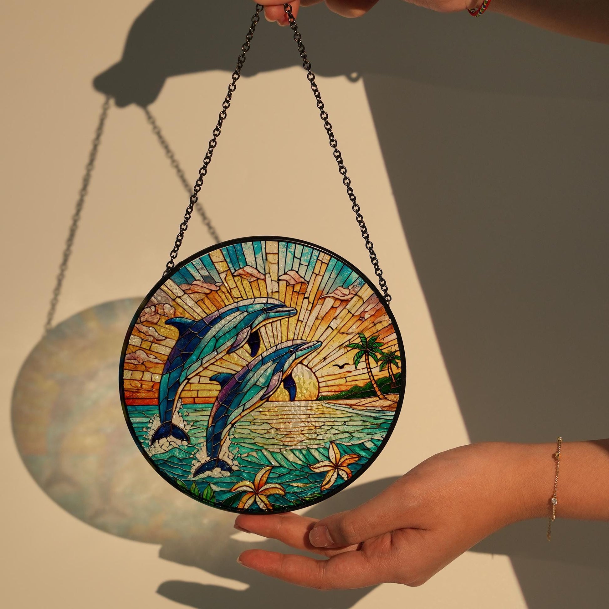 Dolphin GLASS Decor, Sunset Beach Decor, Dolphin Suncatcher, Dolphin Lover Decor, Fish Window Decor, Sea Decor, Sea Gift, Home Decor