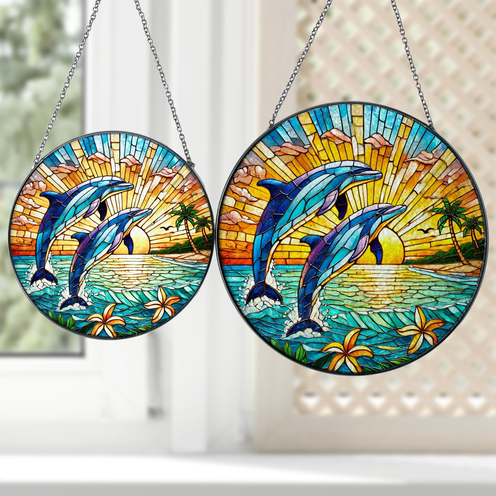 Dolphin GLASS Decor, Sunset Beach Decor, Dolphin Suncatcher, Dolphin Lover Decor, Fish Window Decor, Sea Decor, Sea Gift, Home Decor