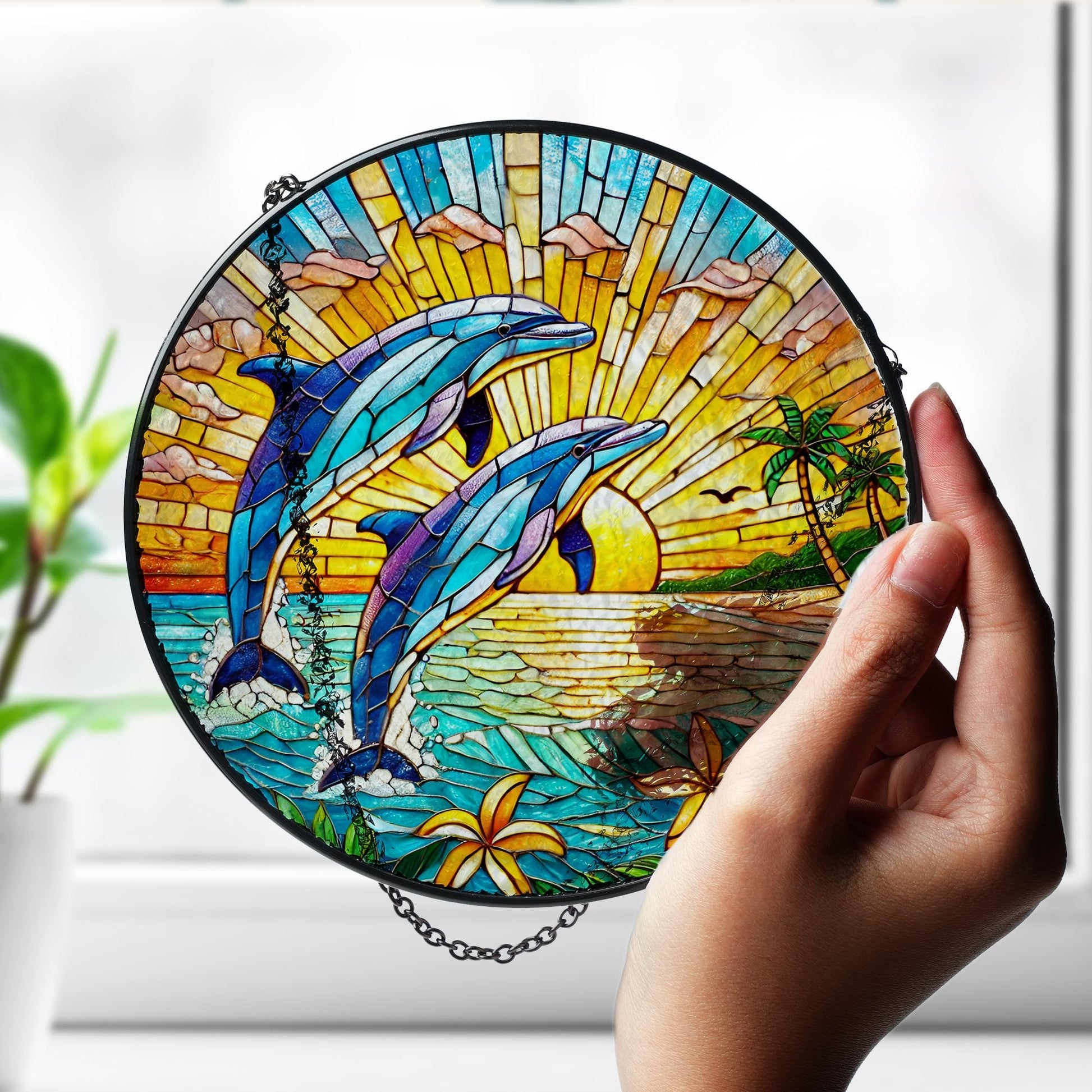 Dolphin GLASS Decor, Sunset Beach Decor, Dolphin Suncatcher, Dolphin Lover Decor, Fish Window Decor, Sea Decor, Sea Gift, Home Decor