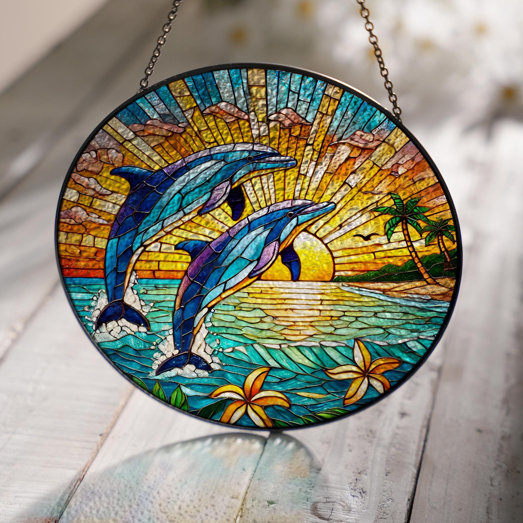Dolphin GLASS Decor, Sunset Beach Decor, Dolphin Suncatcher, Dolphin Lover Decor, Fish Window Decor, Sea Decor, Sea Gift, Home Decor