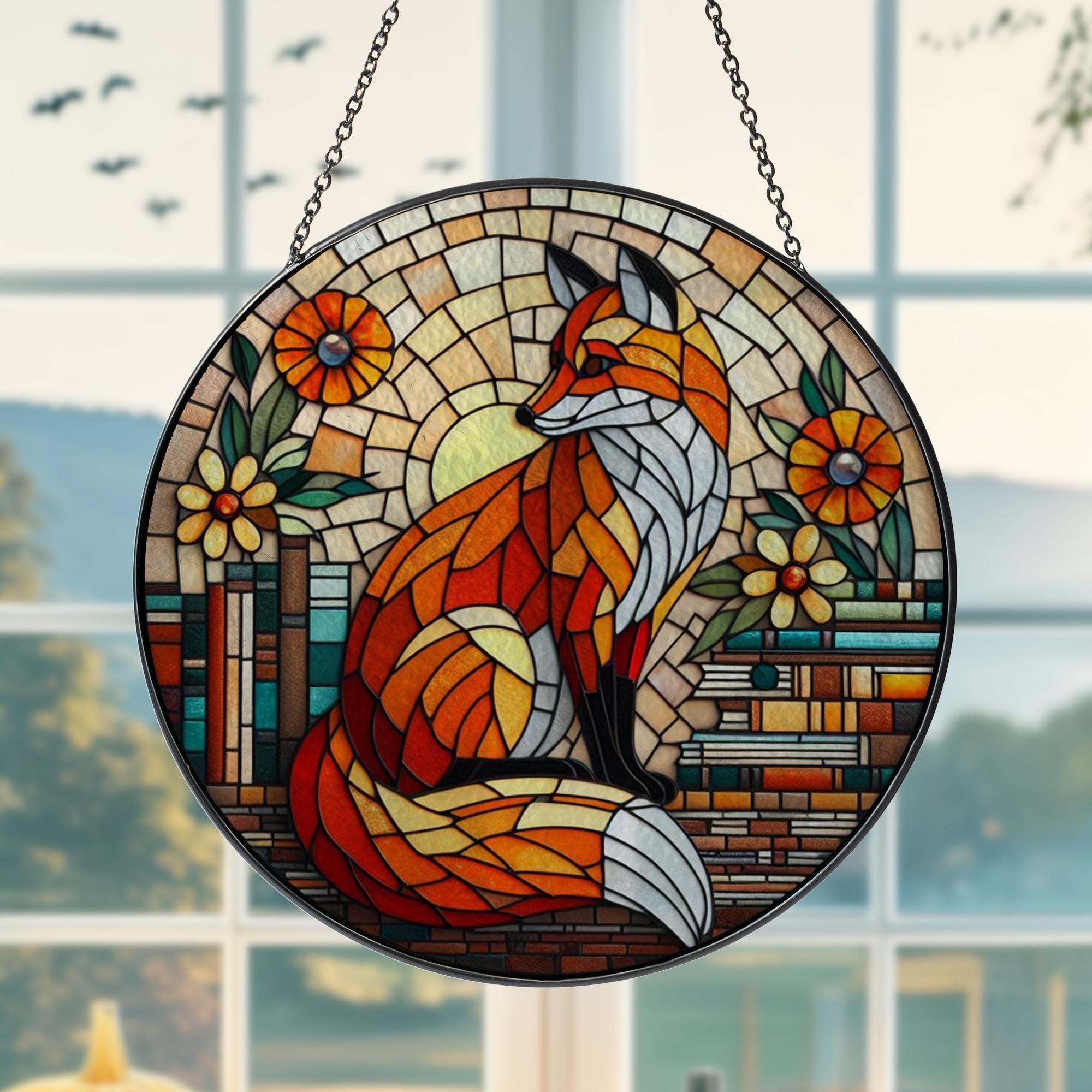 Fox and Bookshelf GLASS Window Hanging, Library Window hanging, Bookshelf suncatcher, Reading lover gift, Fox lover gift