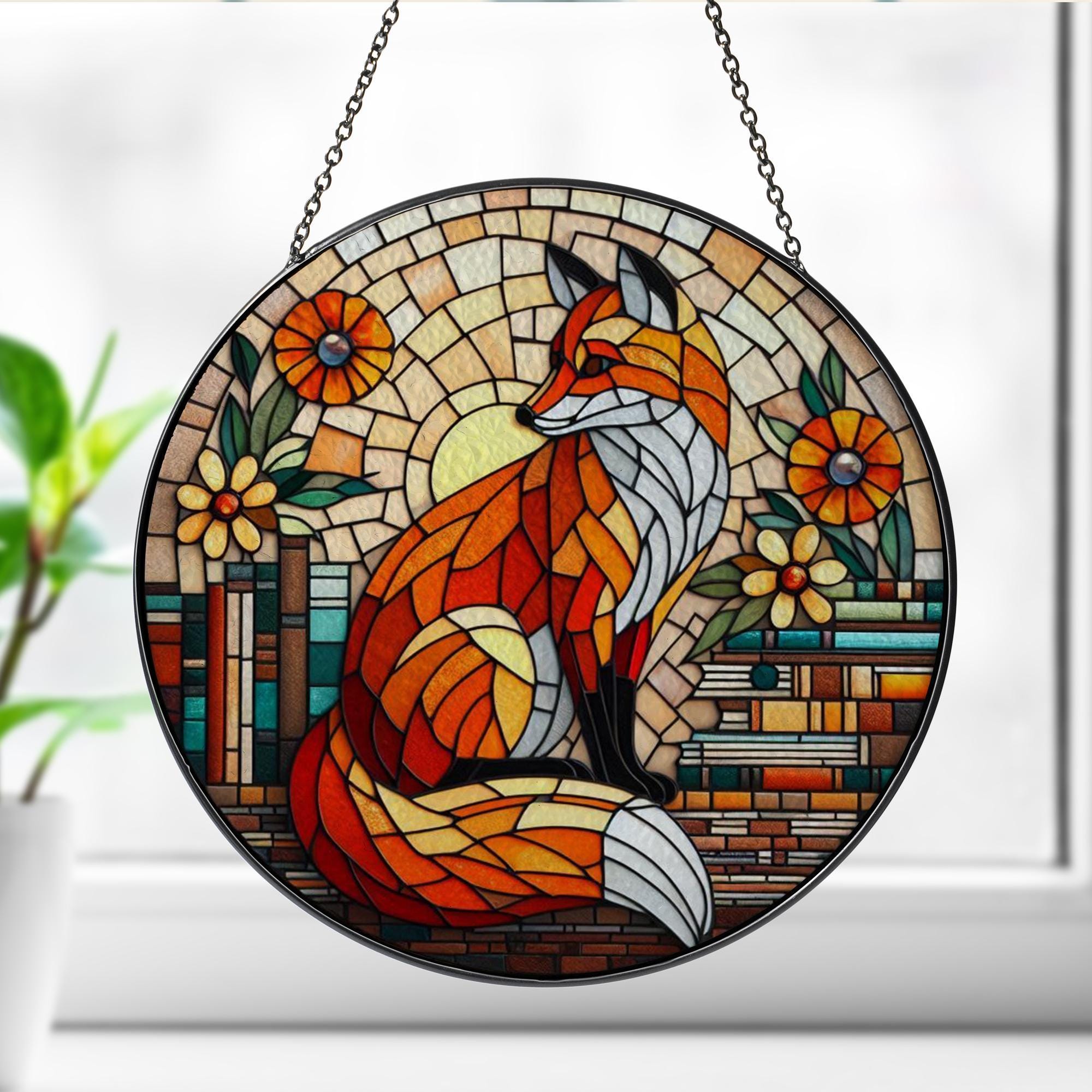Fox and Bookshelf GLASS Window Hanging, Library Window hanging, Bookshelf suncatcher, Reading lover gift, Fox lover gift