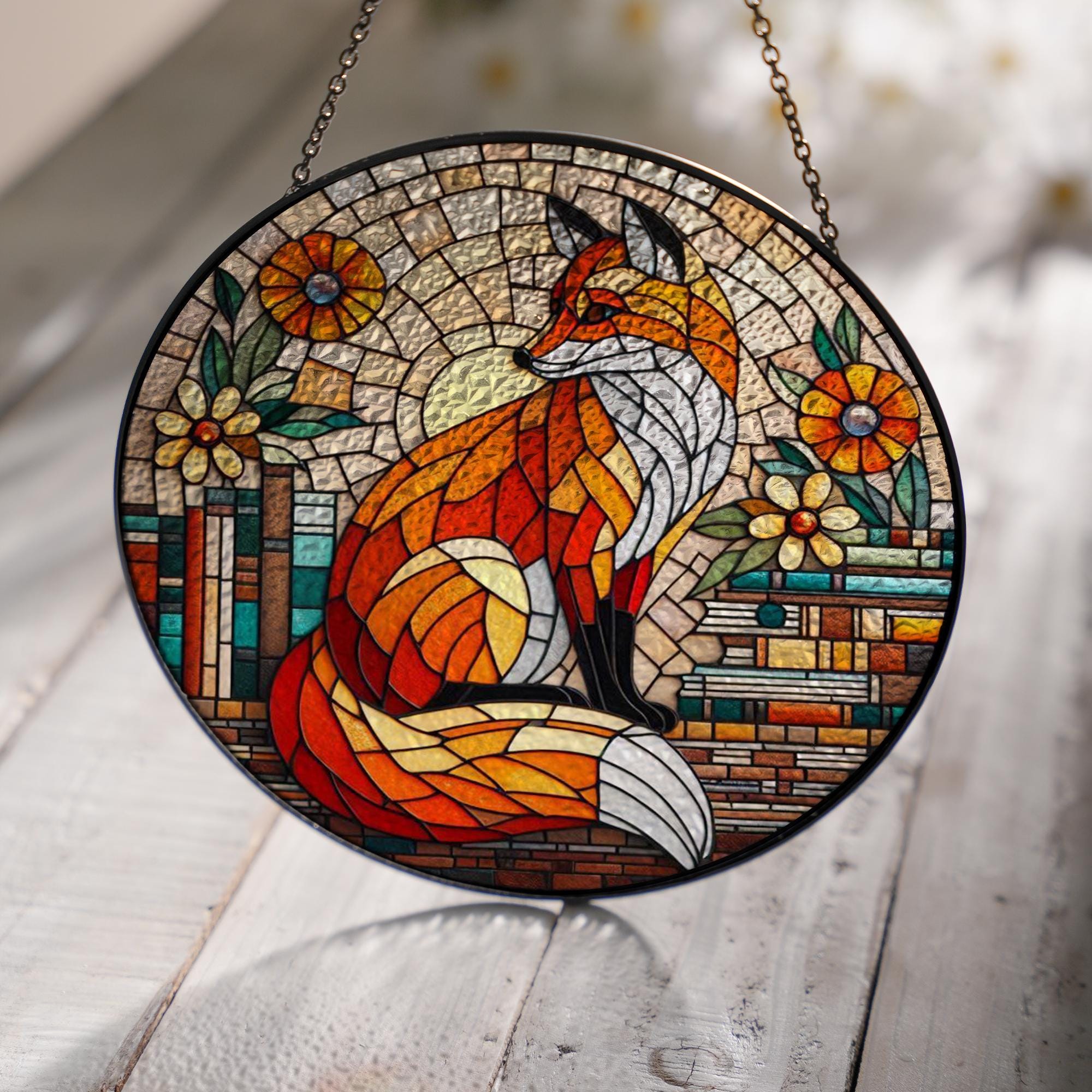 Fox and Bookshelf GLASS Window Hanging, Library Window hanging, Bookshelf suncatcher, Reading lover gift, Fox lover gift