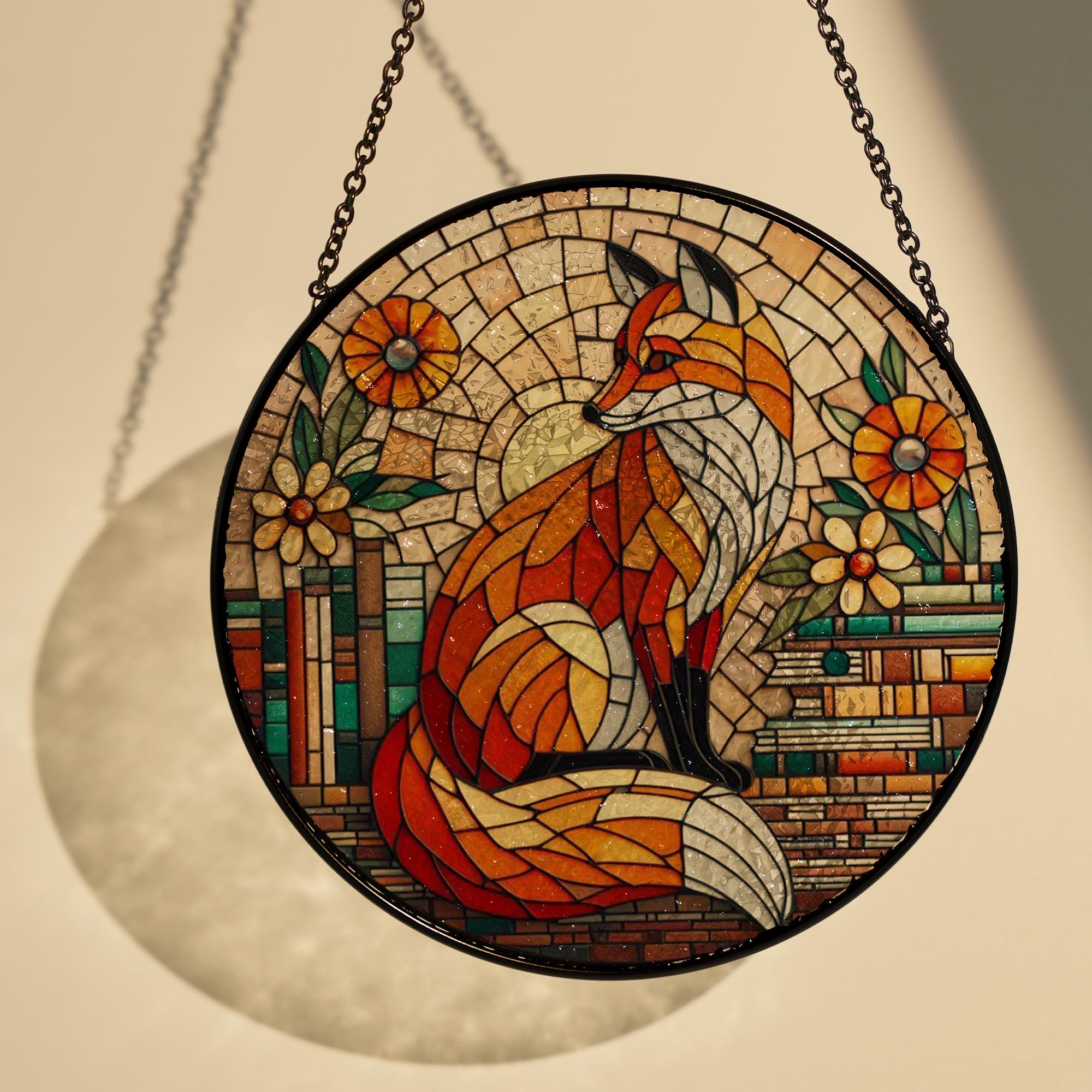 Fox and Bookshelf GLASS Window Hanging, Library Window hanging, Bookshelf suncatcher, Reading lover gift, Fox lover gift