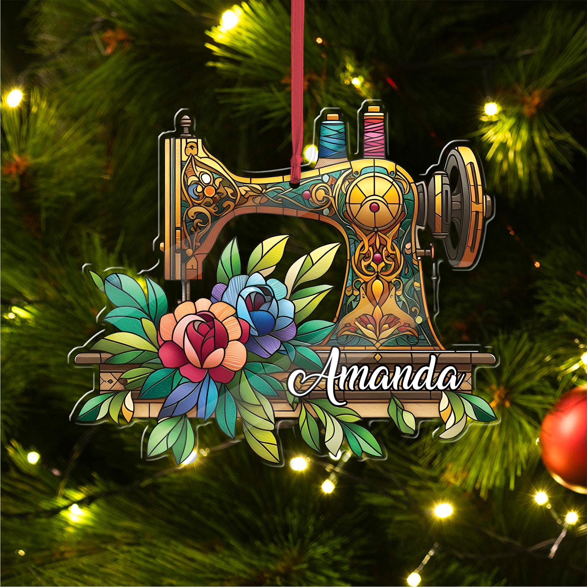 Personalized Floral Sewing Machine Christmas Ornament, Beautiful Flower Decor for Sewing Lovers, Charming Mom Gift,  Sewing Lovers gift