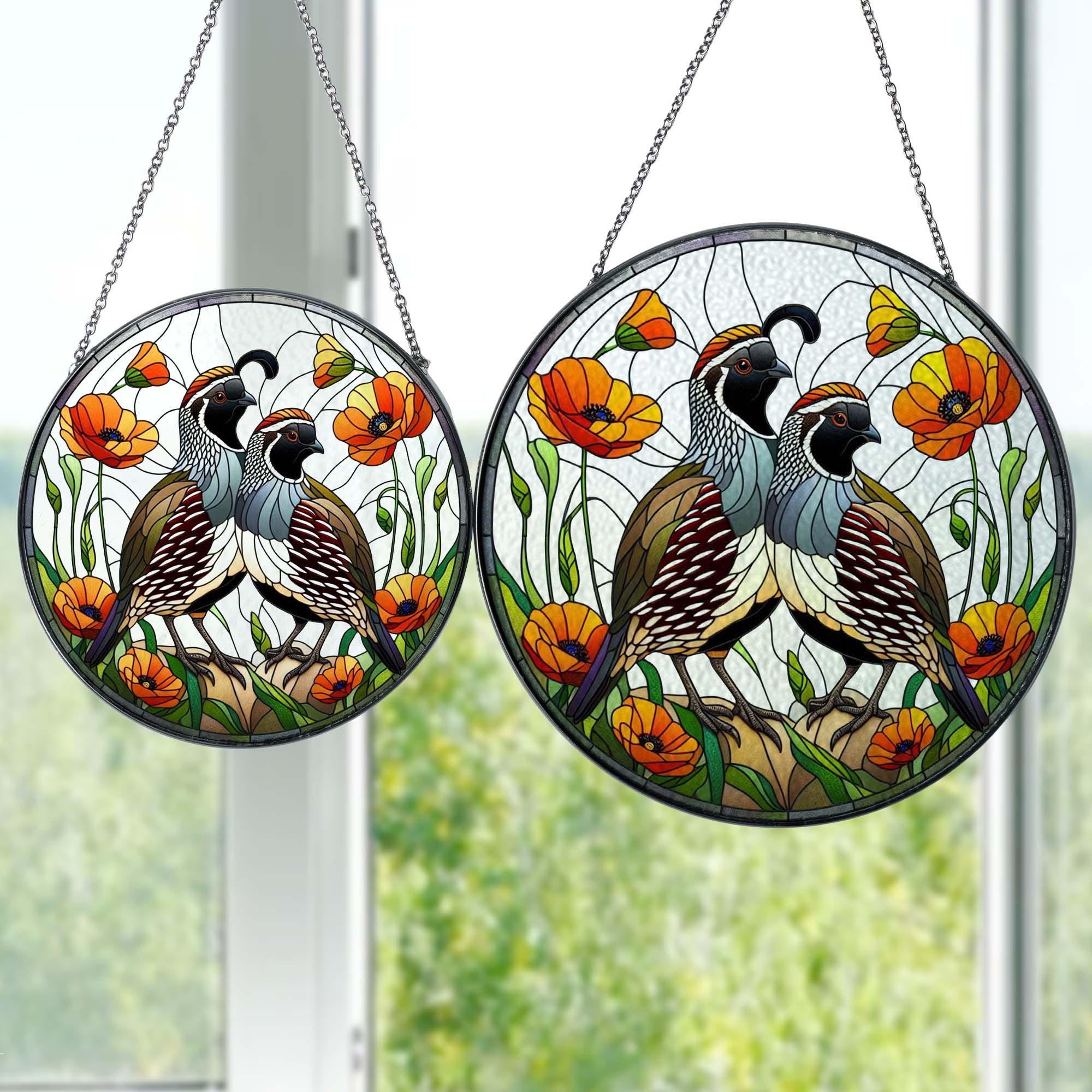 California Quail couple and poppies GLASS Hanging, Bird Lover Decor, Bird Nerd, Home Decor, Bird Suncatcher Decor, California Quail Decor