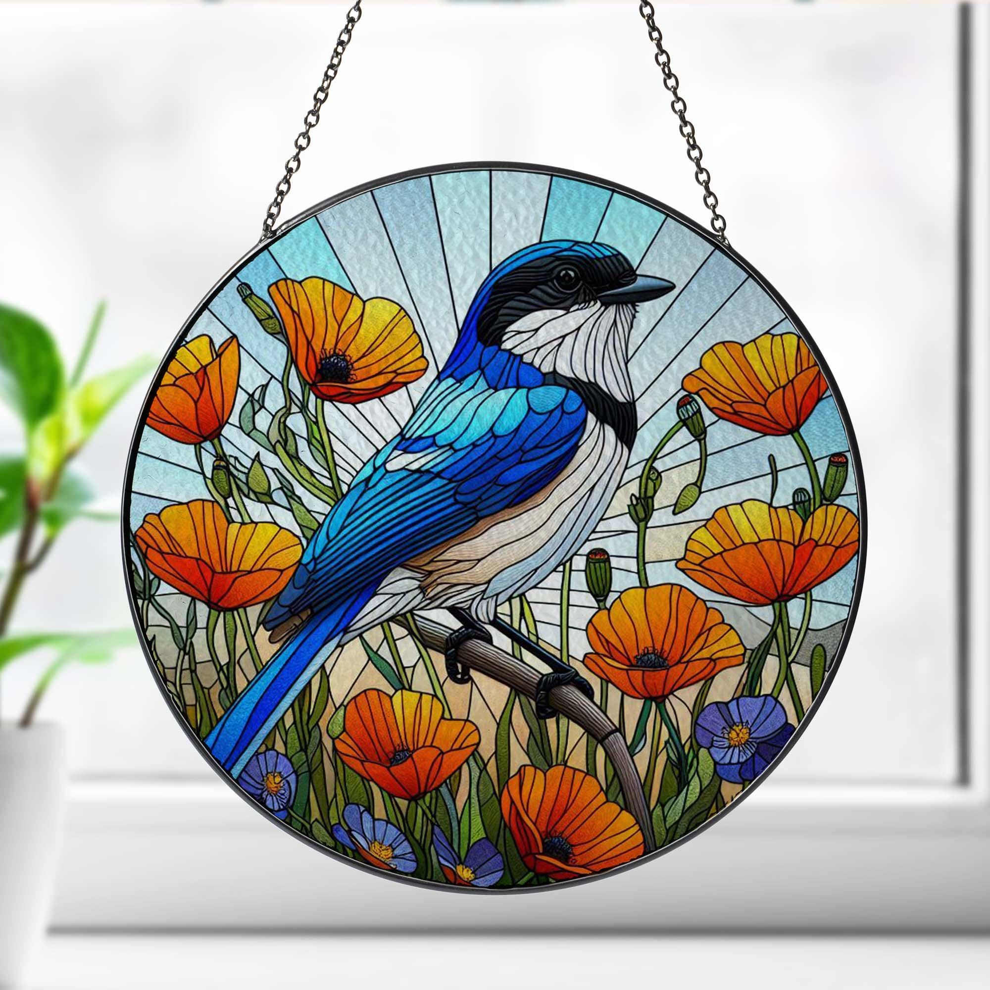 California Scrub Jay and poppies GLASS Hanging, Bird Lover Decor, Bird Nerd, Home Decor, Orange Poppies, Bird glass, Housewarming gift