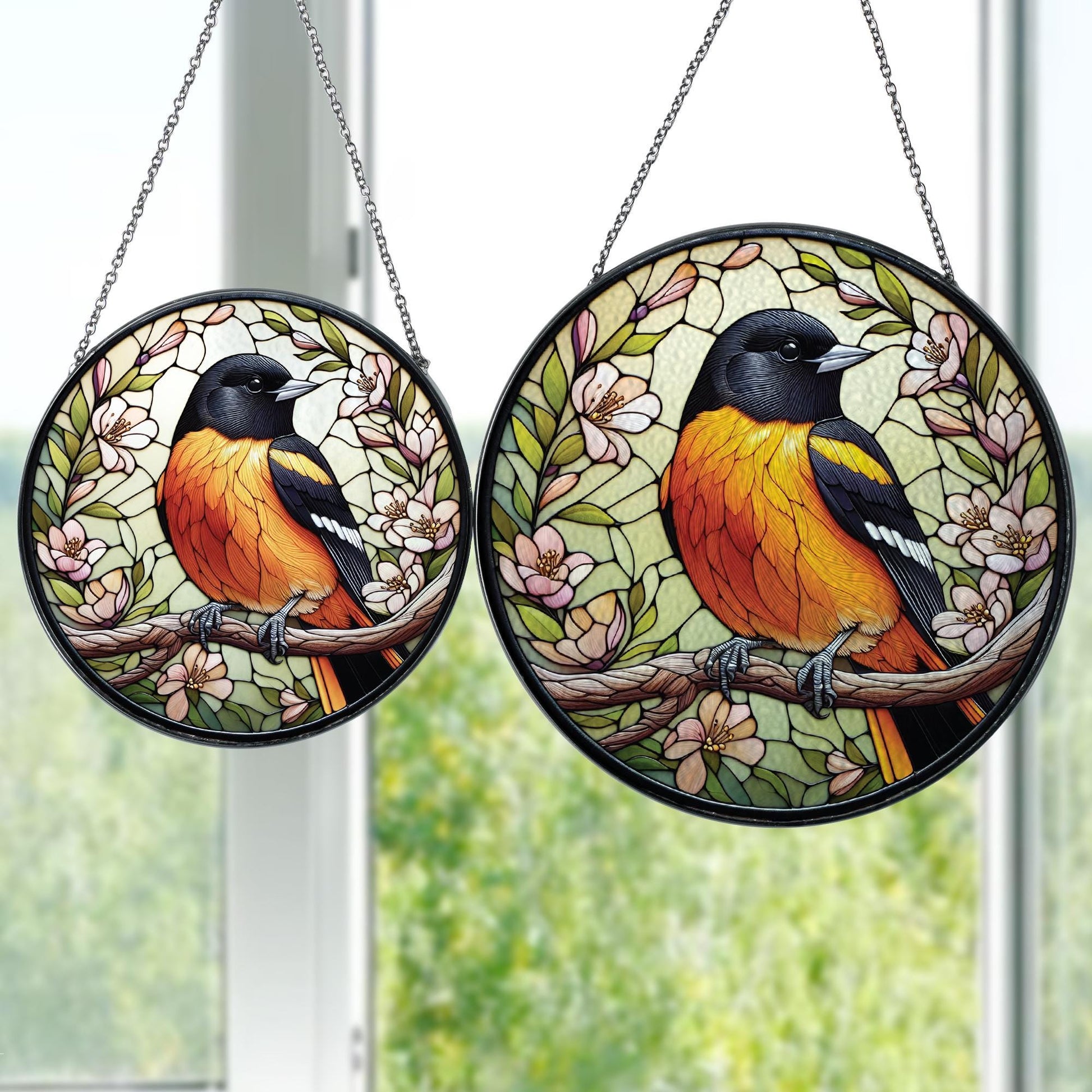 Floral Baltimore Oriole GLASS Decor, Bird Decor, Bird Nerd Gift, Oriole Decor, Bird Mom Decor, Window Art, Bird Gift, Bird Suncatcher