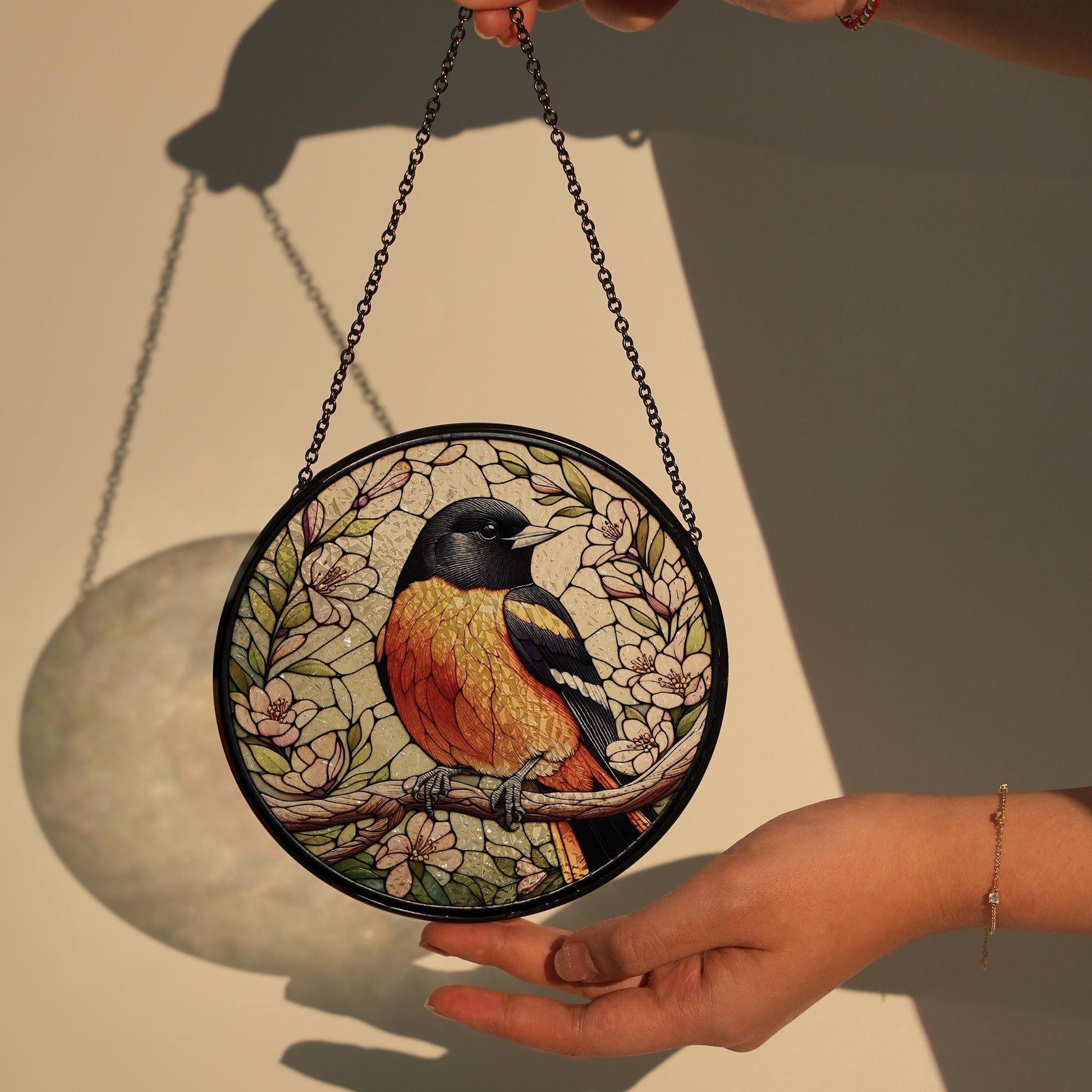 Floral Baltimore Oriole GLASS Decor, Bird Decor, Bird Nerd Gift, Oriole Decor, Bird Mom Decor, Window Art, Bird Gift, Bird Suncatcher
