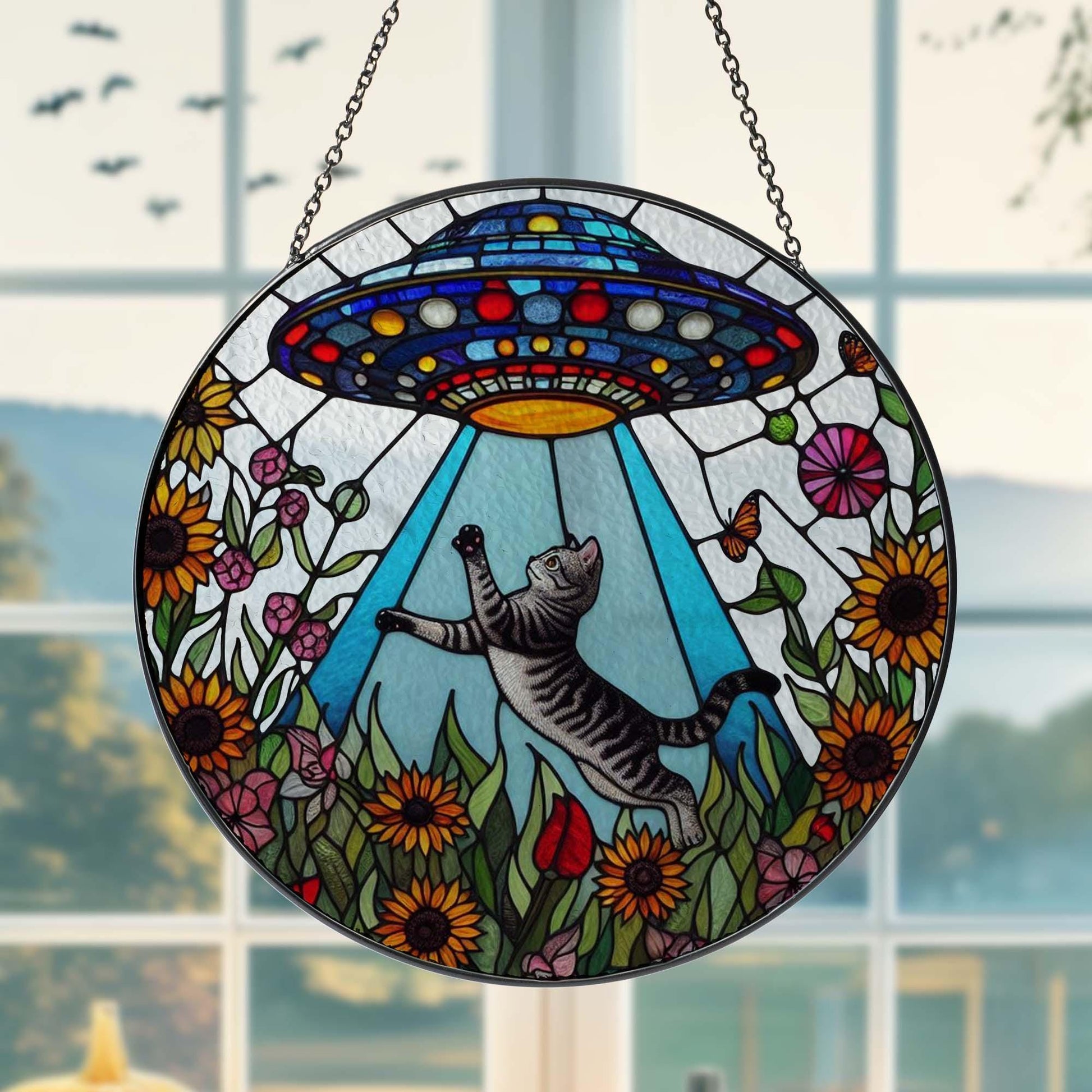 UFO Abduction tabby cat Wildflowers Glass Hanigng- Funny Gifts for Women, Window Hanging, Indoor Decor, tabby cat mom gift