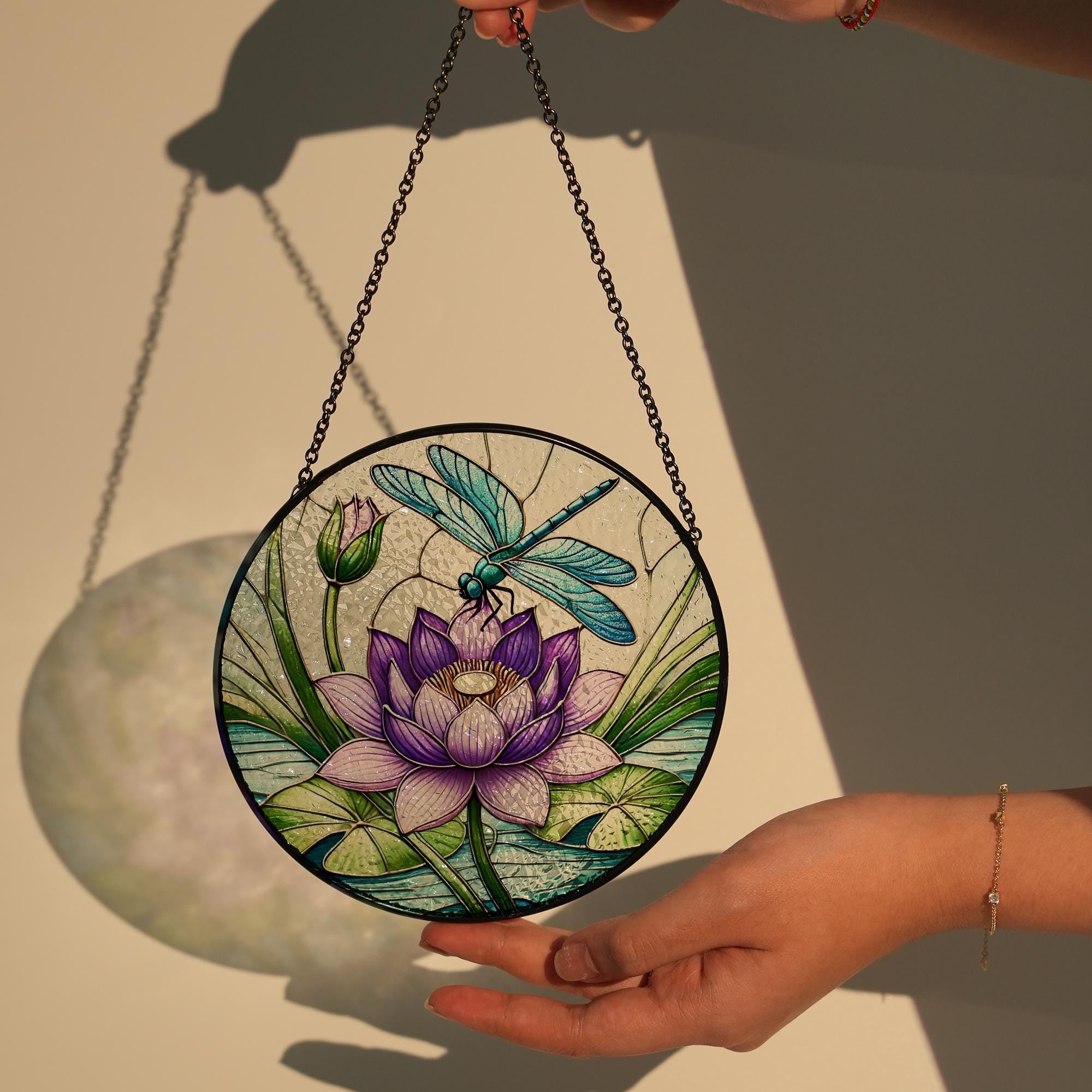 Purple Lotus With Dragonfly GLASS, Purple Lotus Suncatcher, Lotus Flower Decor, Flower Lover Gift,Suncatcher Decor,Yard Decor,Mom Gift