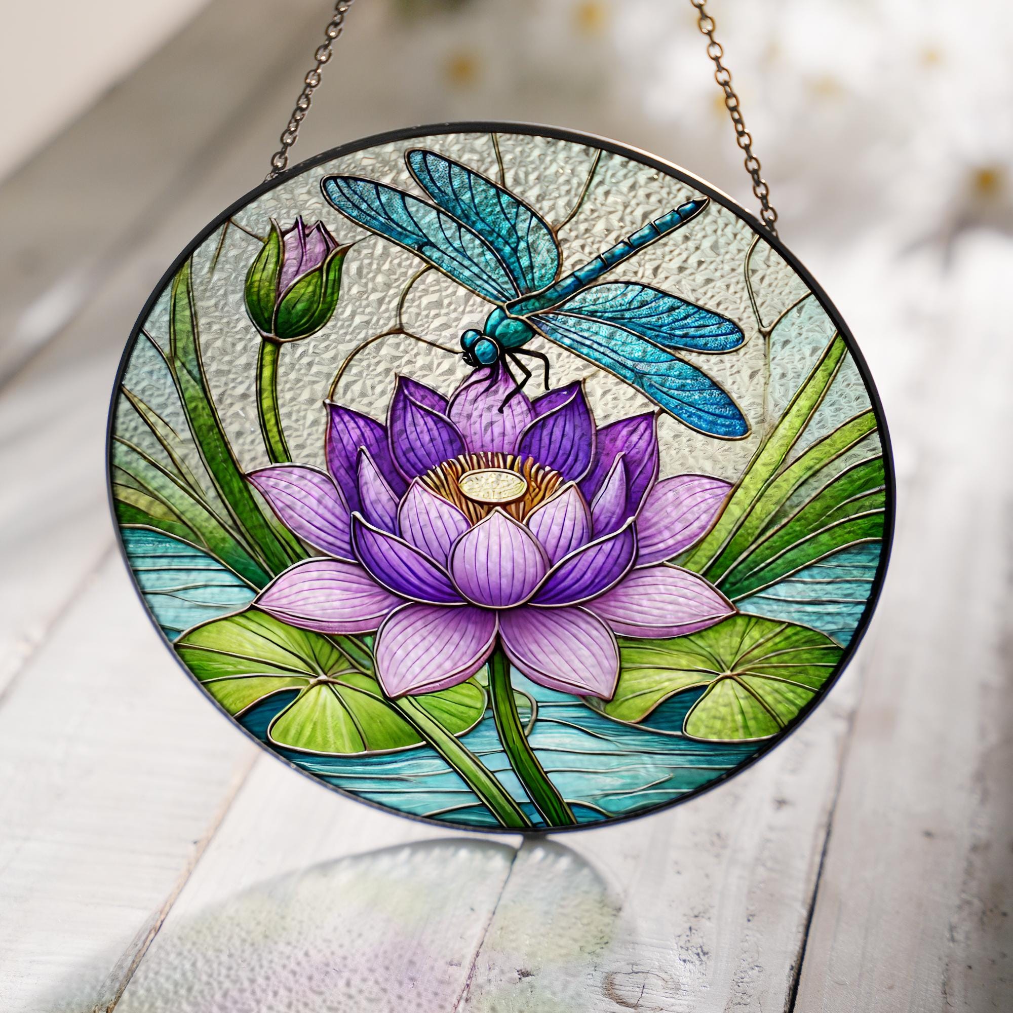 Purple Lotus With Dragonfly GLASS, Purple Lotus Suncatcher, Lotus Flower Decor, Flower Lover Gift,Suncatcher Decor,Yard Decor,Mom Gift