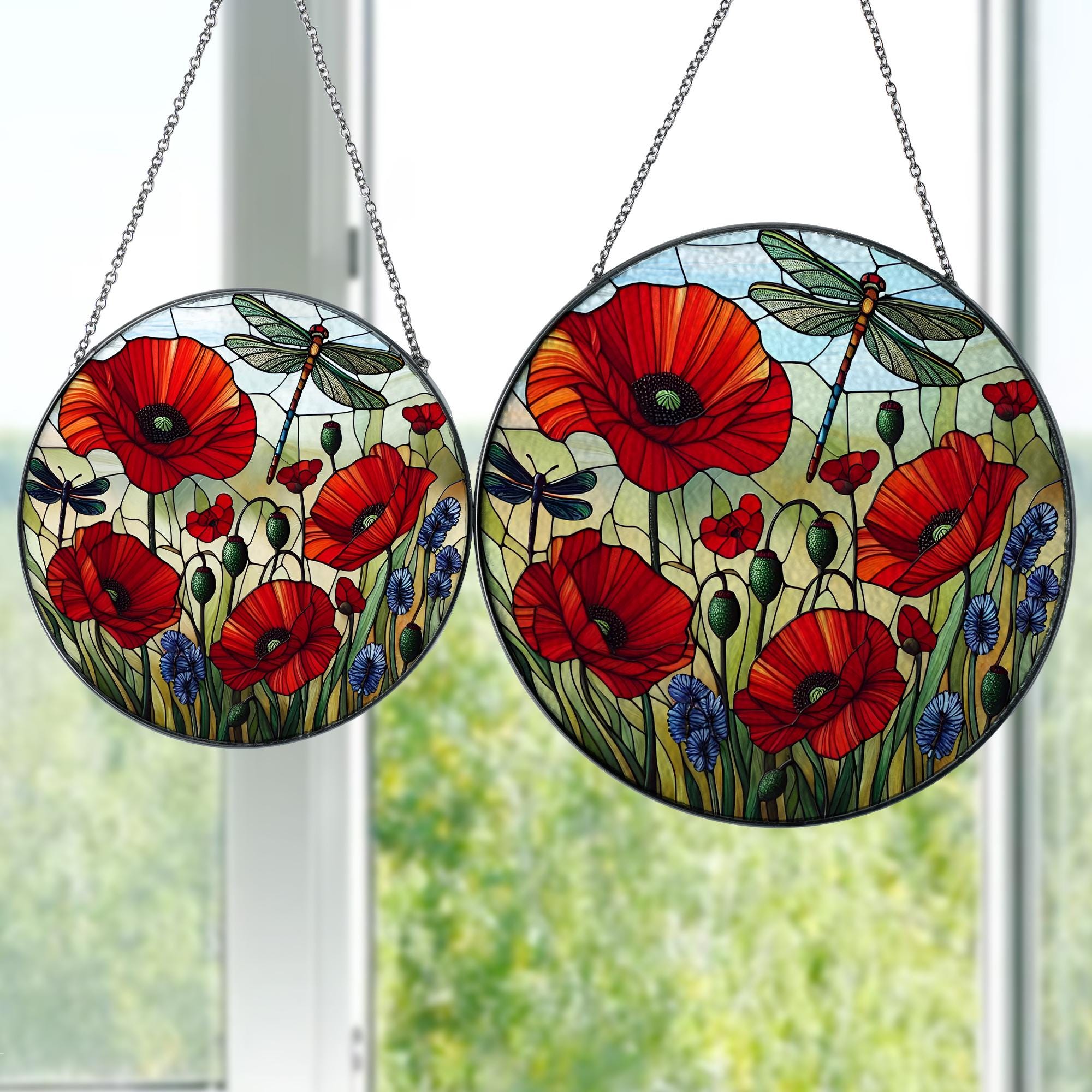 Red Poppy Flower With Dragonfly GLASS, Poppy Flower Decor, Flower Dragonfly Suncatcher, Natural Scenery, MOTHER'S DAY gift set 2025