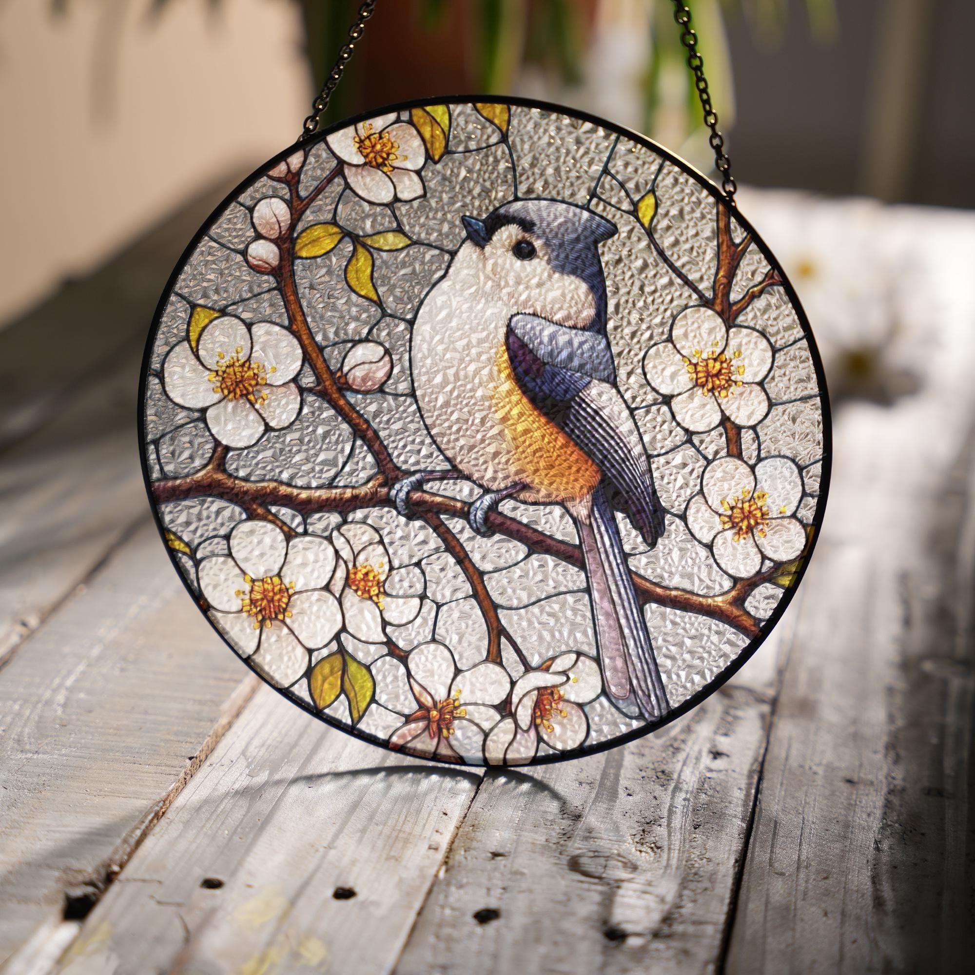 Tufted titmouse on white peach blossom branch glass window hanging, couple gift, bird nerds, Perfect gift for bird watching, gift for her