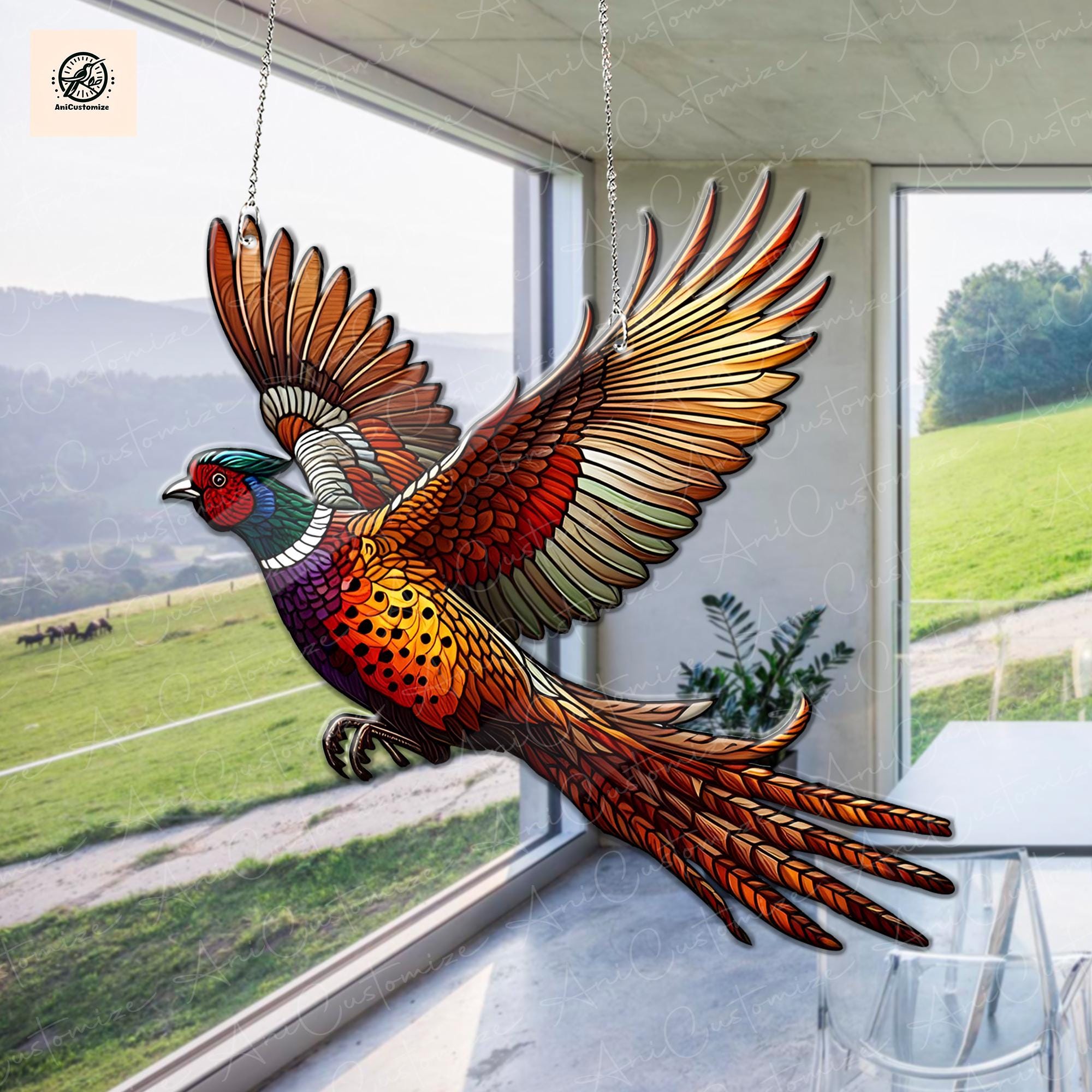 Mid-flying Pheasean ACRYLIC Window Hanging, Pheasant Lover Decor, Pheasant Gift, Bird Lover Decor, Bird Gift, Pheasant Art, Window Art