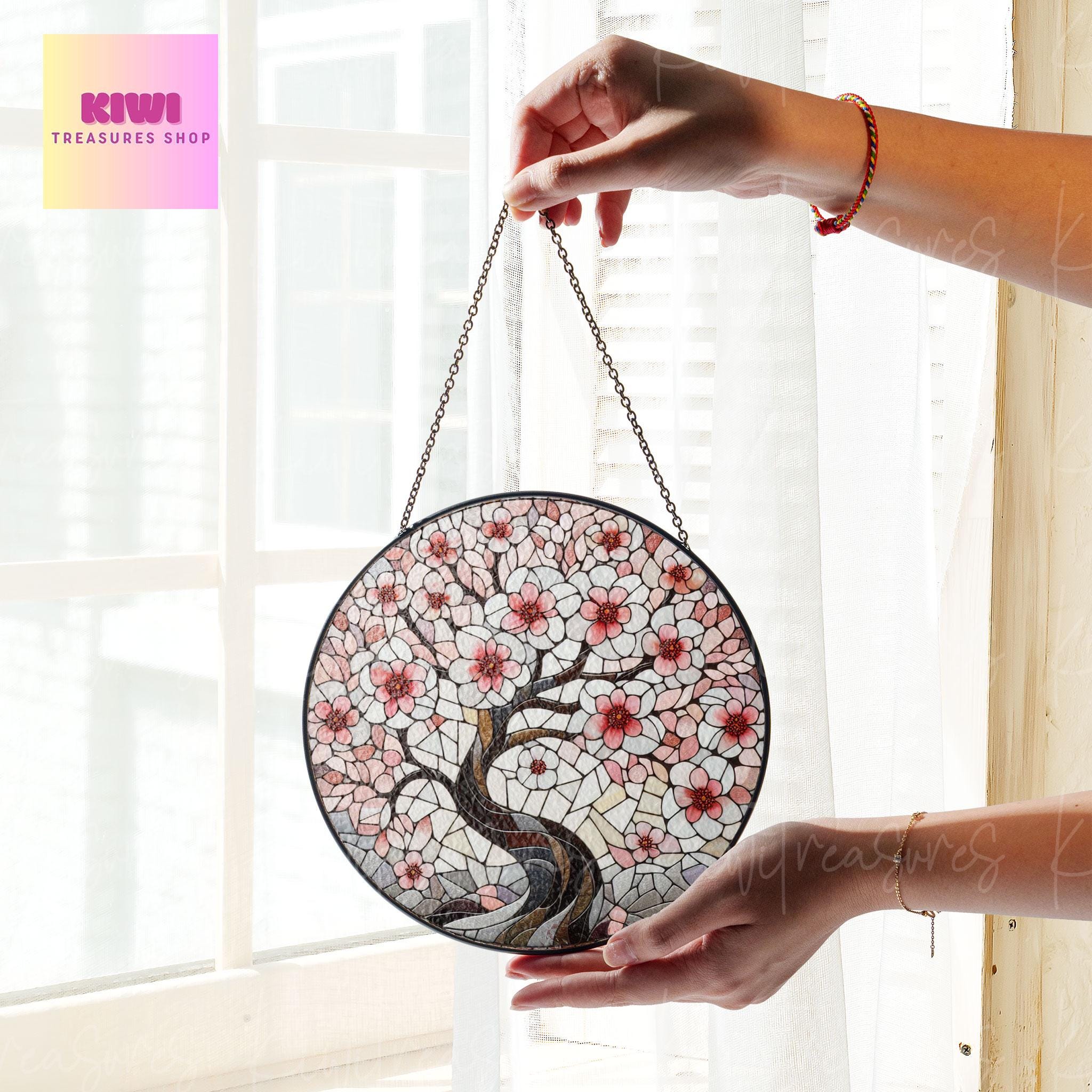Cherry Blossom Tree GLASS Suncatcher Hanging, Spring landscape Window hanging, Suncatcher ornament, Cherry blossom