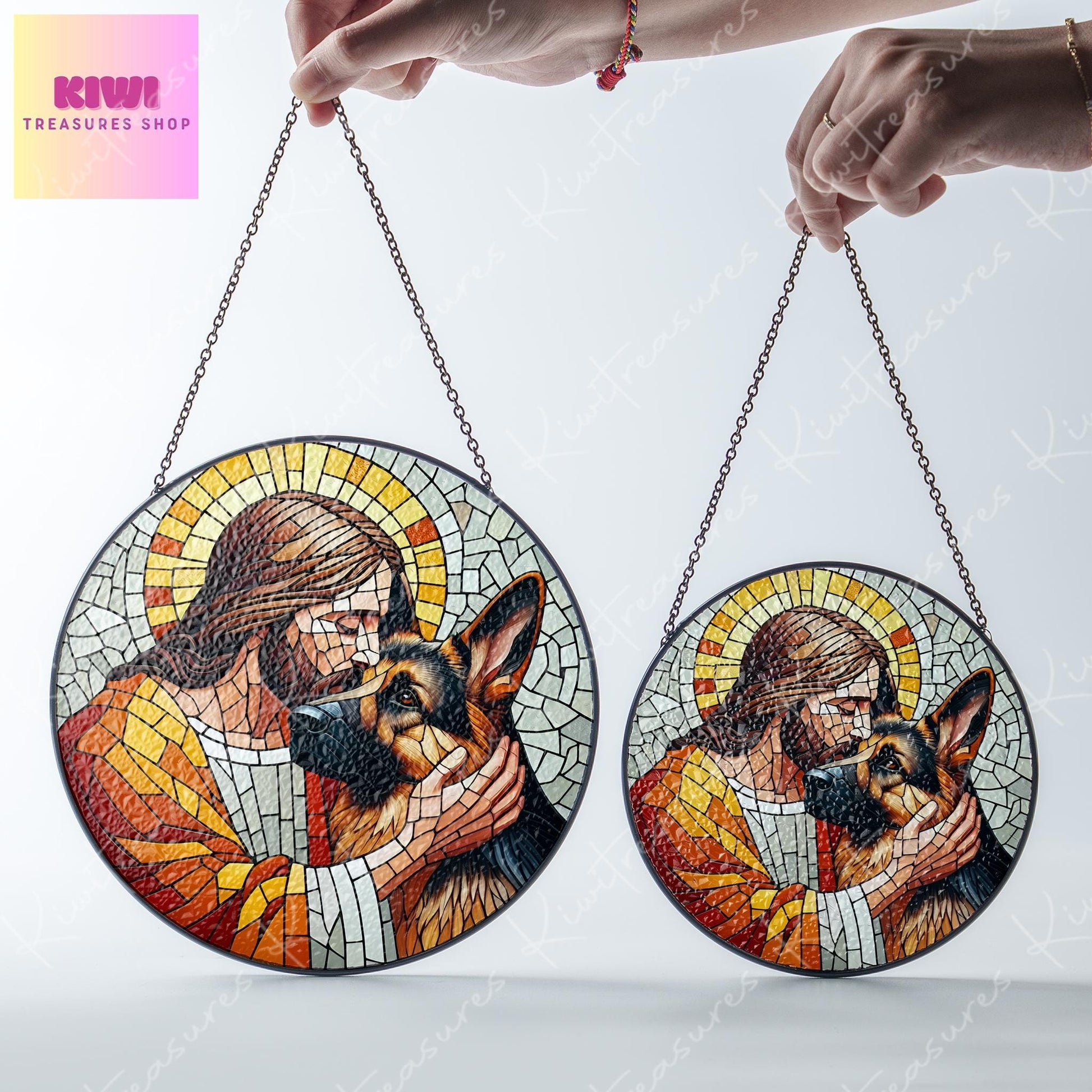 Jesus and German Shepherd GLASS suncatcher Hanging, Jesus Christ, German Shepherd hanging, Jesus Suncatcher hanging, Jesus decor