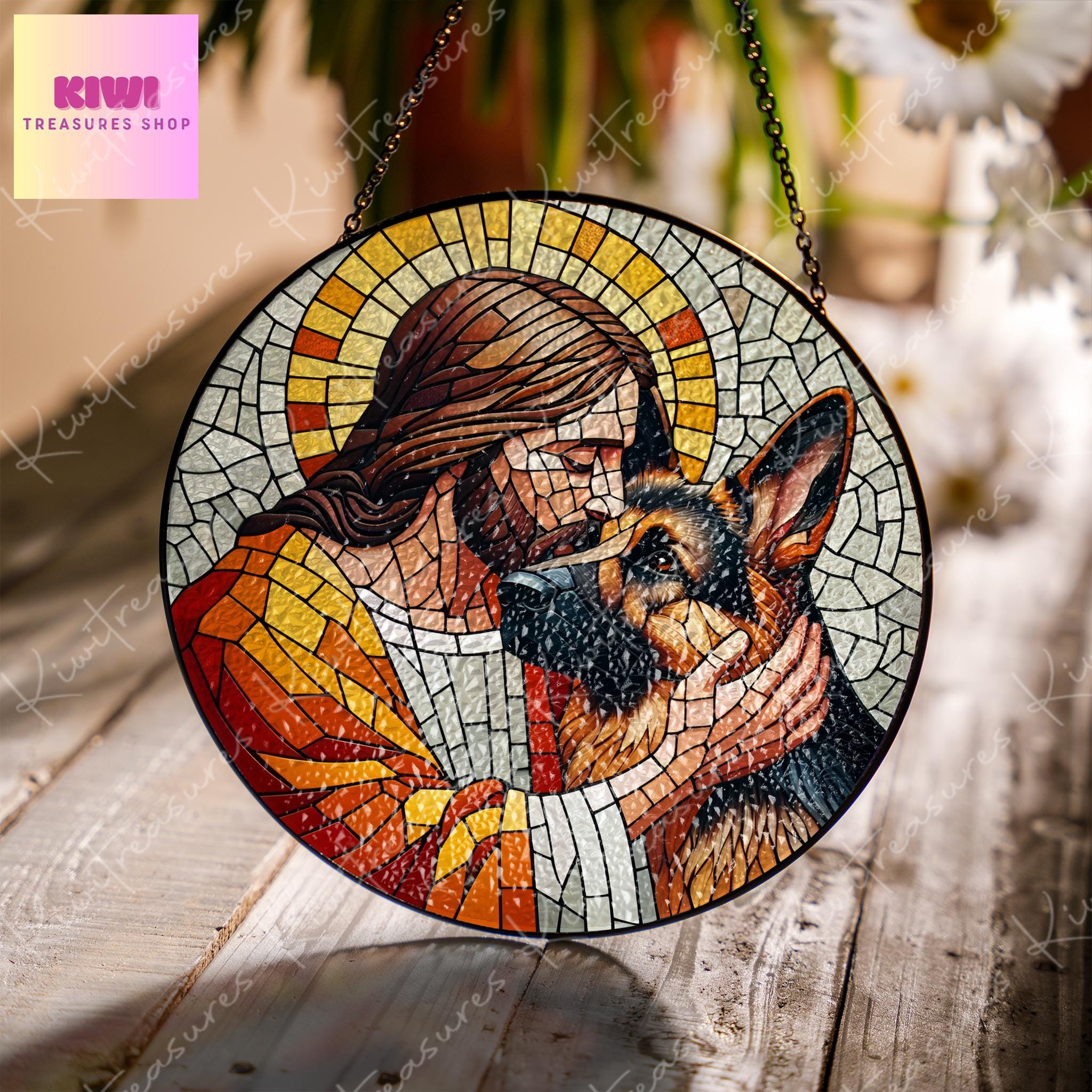 Jesus and German Shepherd GLASS suncatcher Hanging, Jesus Christ, German Shepherd hanging, Jesus Suncatcher hanging, Jesus decor