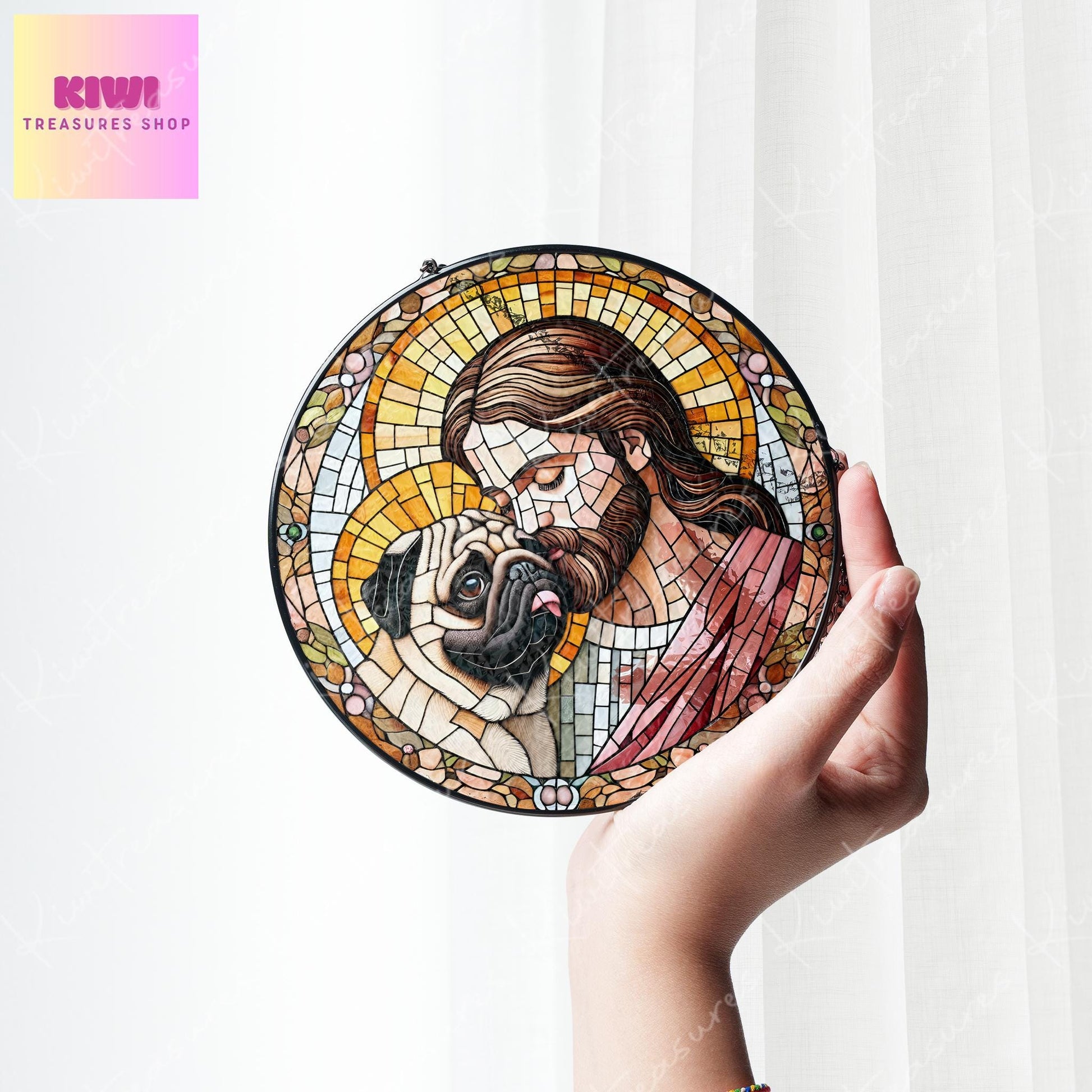 Jesus and Pug GLASS suncatcher Hanging, Jesus Christ, Pug hanging, Jesus Suncatcher hanging, Jesus decor, Pug mom gift, Christian gift
