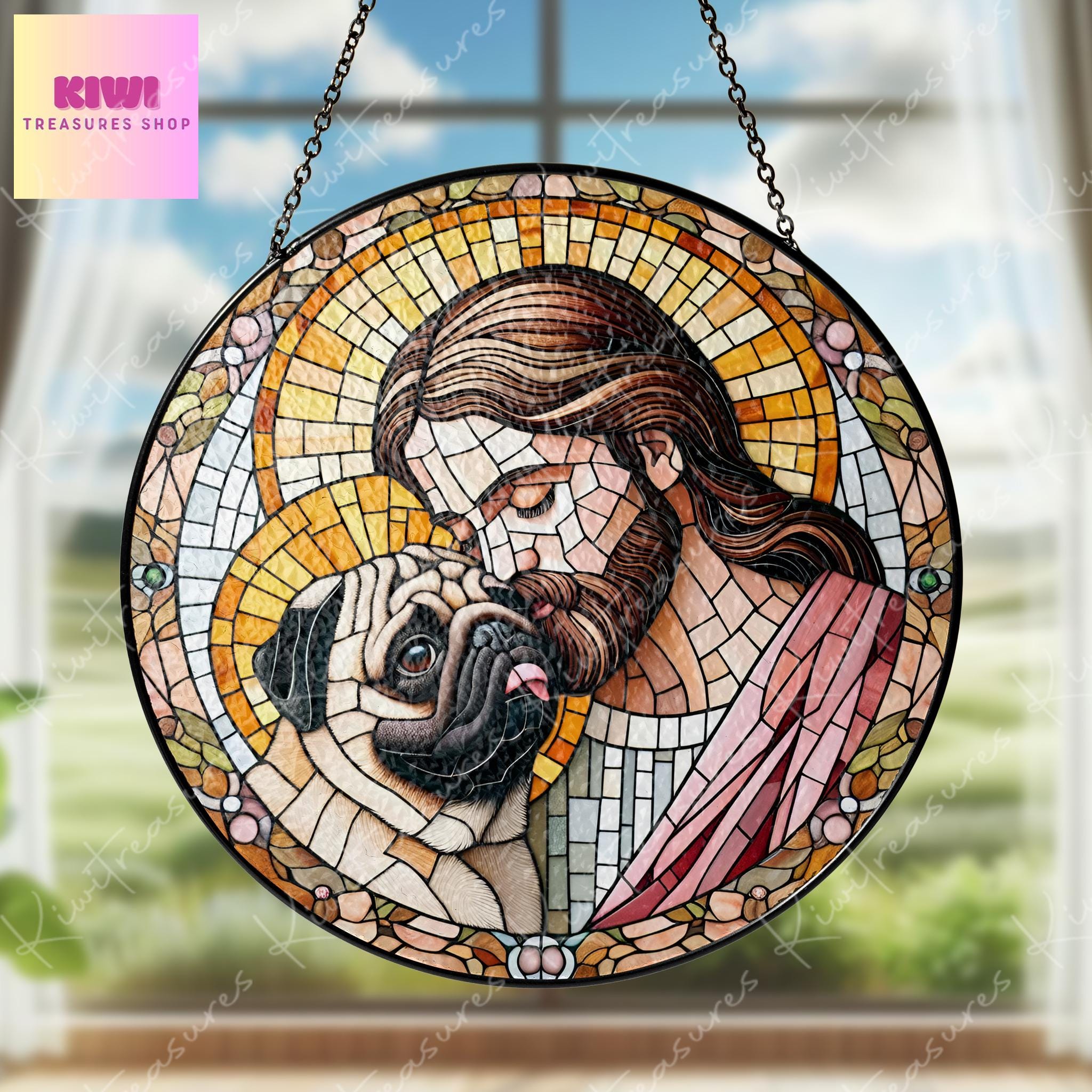 Jesus and Pug GLASS suncatcher Hanging, Jesus Christ, Pug hanging, Jesus Suncatcher hanging, Jesus decor, Pug mom gift, Christian gift