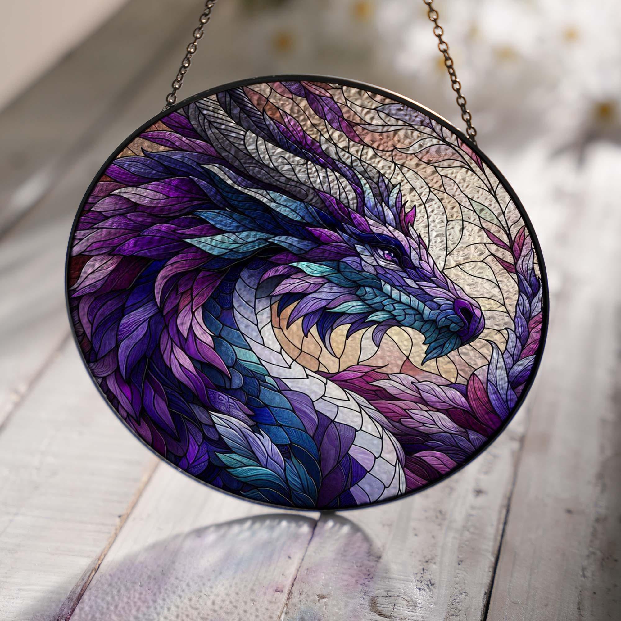 Purple Dragon GLASS Hanging, Fantasy dragon glass, dragon lover gift, gift for him, Dragon glass window hanging, Home decoration