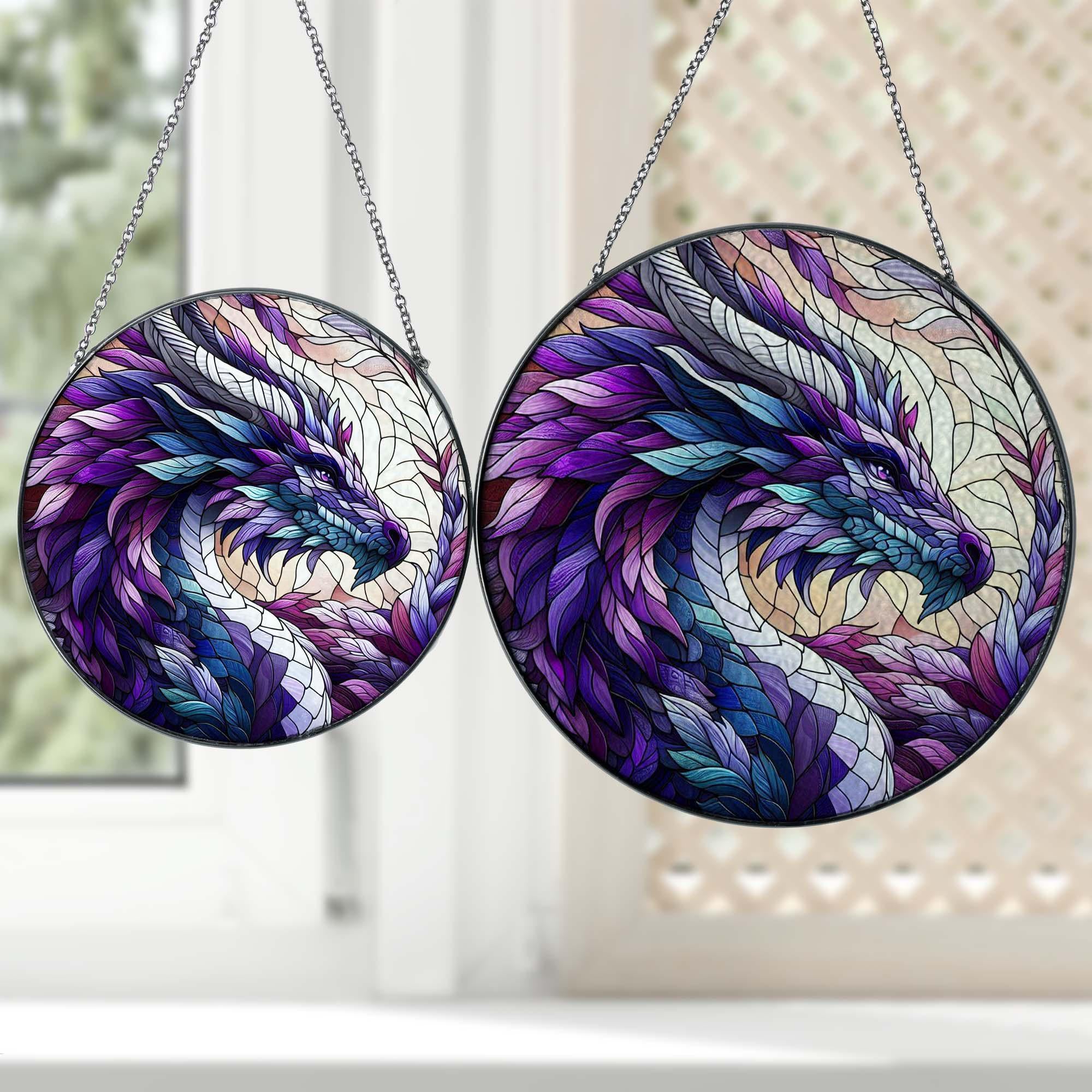Purple Dragon GLASS Hanging, Fantasy dragon glass, dragon lover gift, gift for him, Dragon glass window hanging, Home decoration