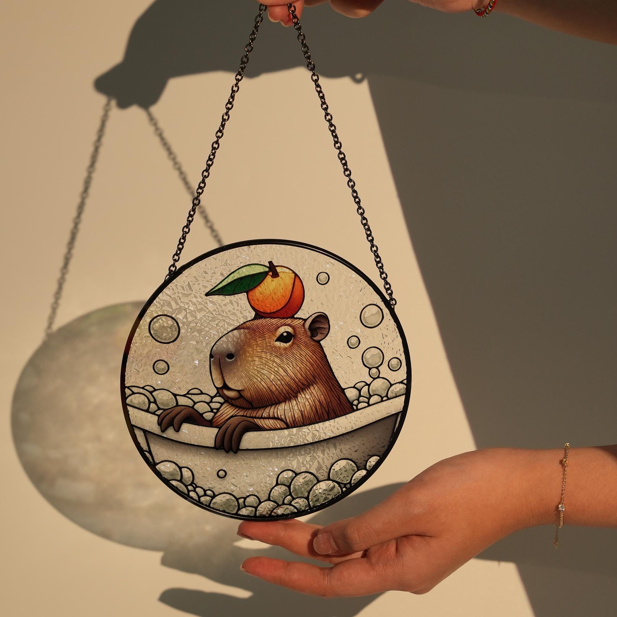 Capybara in bath tub GLASS Suncatcher Hanging, Funny Capabara and tangerine, Capybara glass ornament, Bathroom decor, Capybara suncatcher