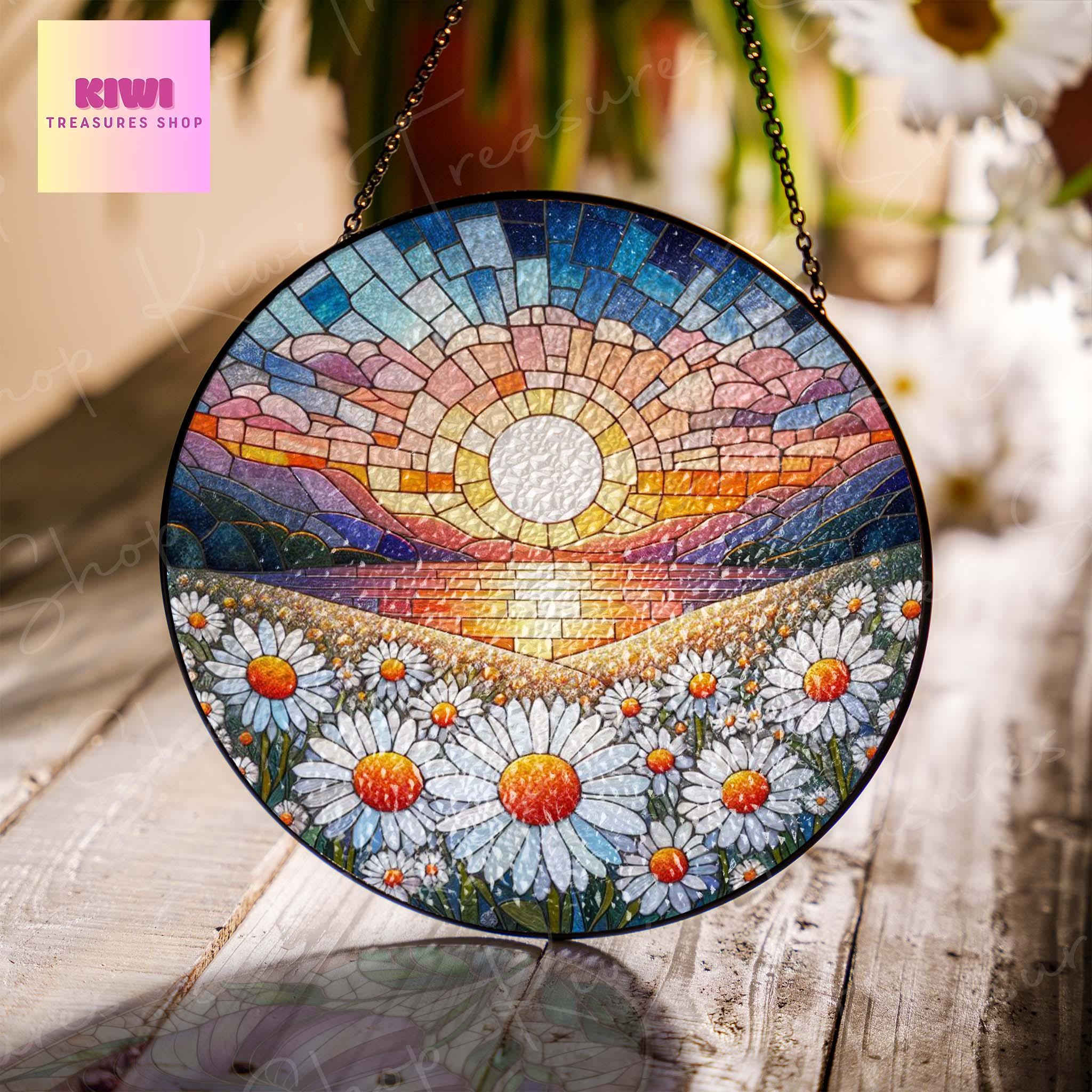Daisy Flower GLASS Suncatcher Hanging, Birth Month Flower glass, Window hanging, Suncatcher ornament,Mother's day gift set 2025