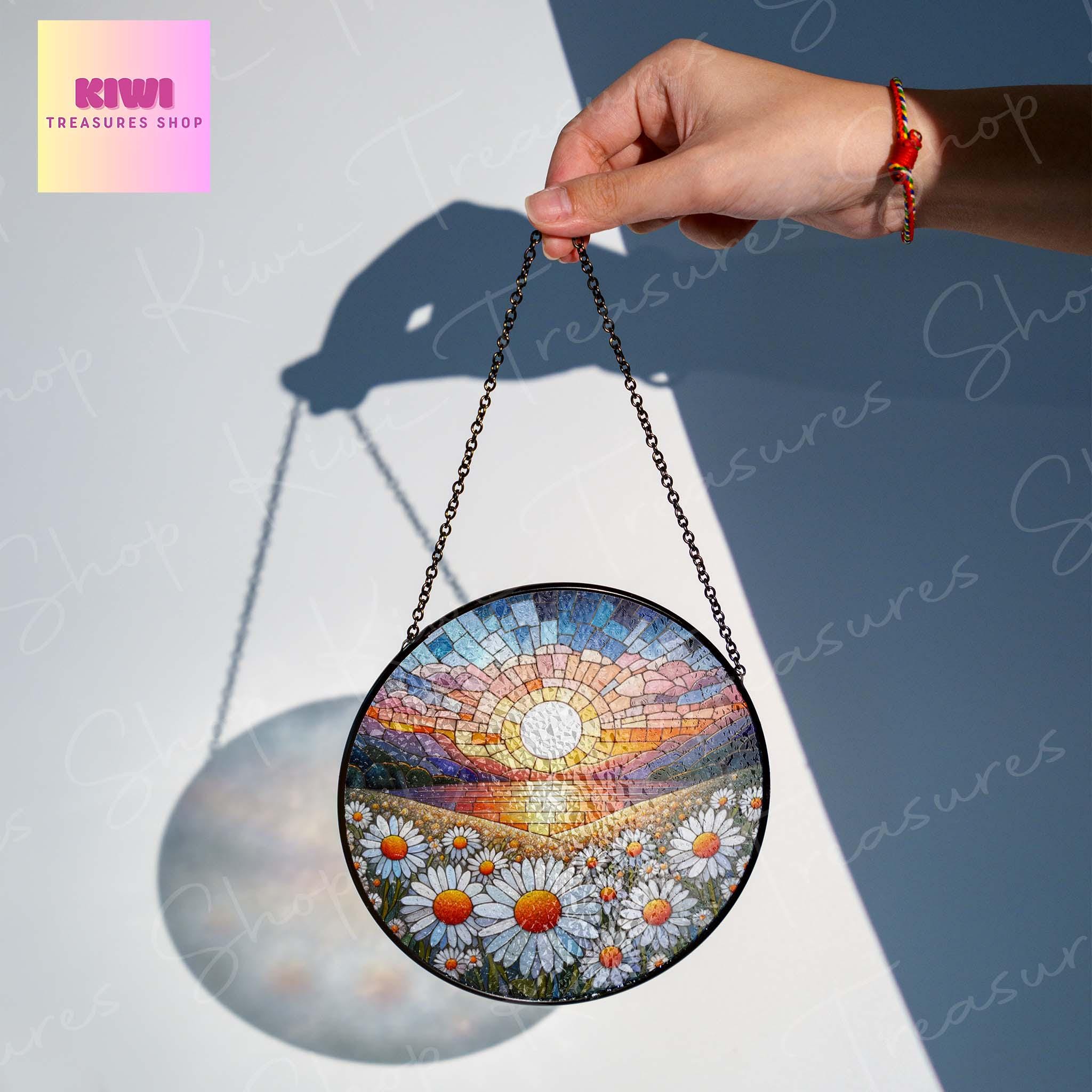 Daisy Flower GLASS Suncatcher Hanging, Birth Month Flower glass, Window hanging, Suncatcher ornament,Mother's day gift set 2025