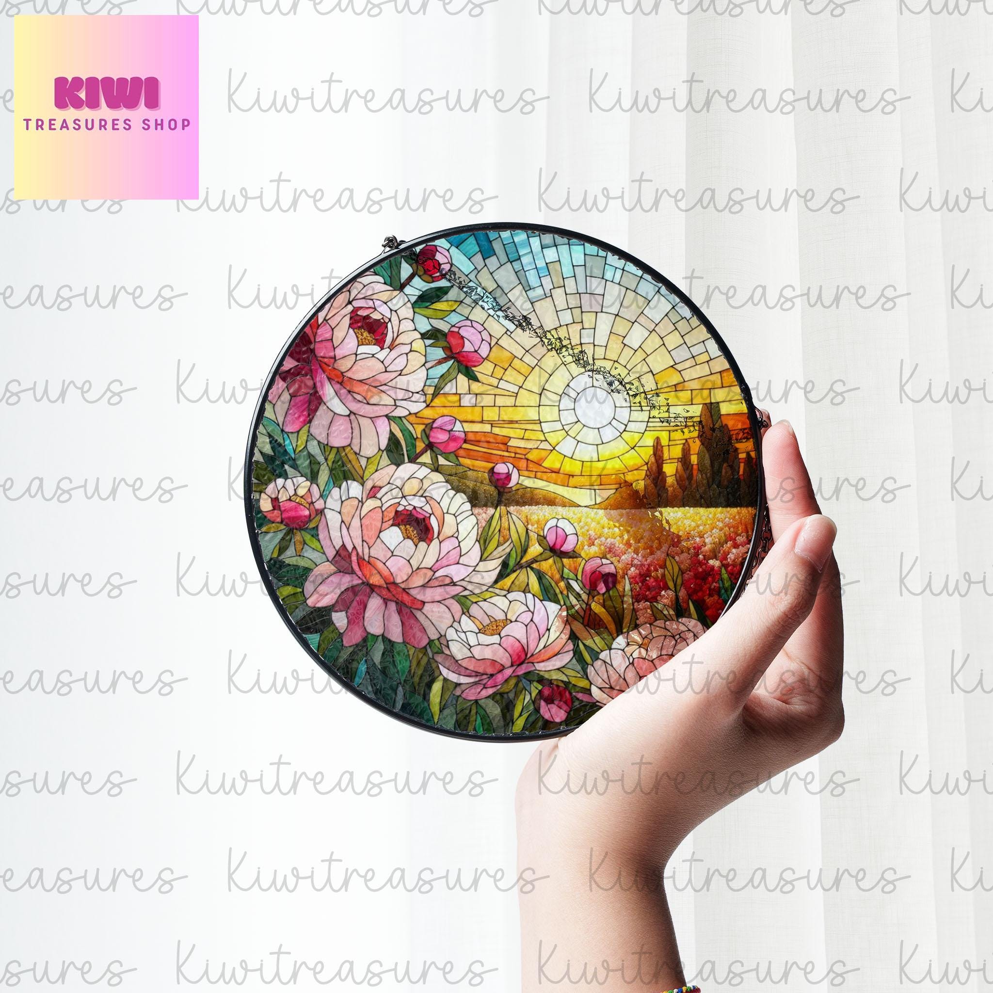 Peony Flower GLASS Suncatcher Hanging, Birth Month Flower glass, Window hanging, Peonies field sunset, November birthday