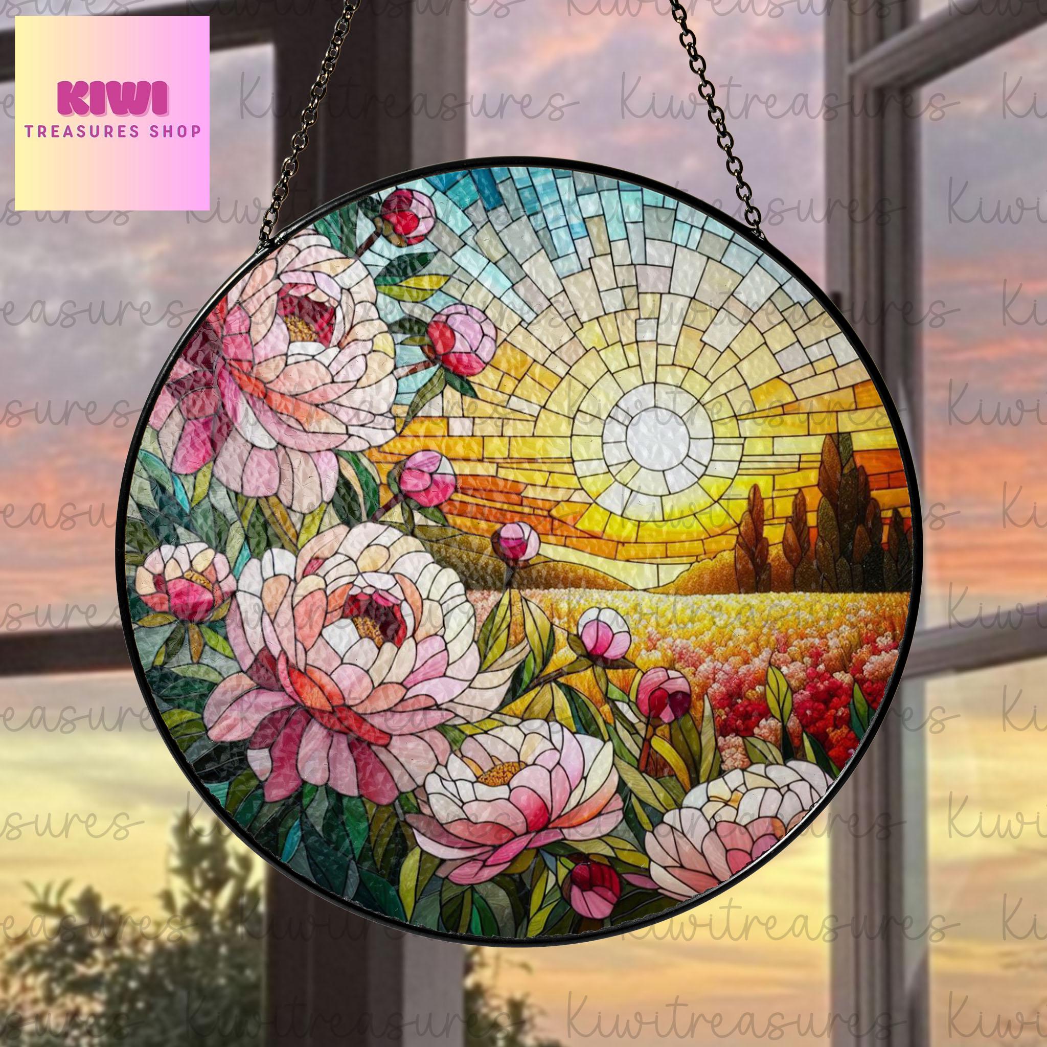 Peony Flower GLASS Suncatcher Hanging, Birth Month Flower glass, Window hanging, Peonies field sunset, November birthday