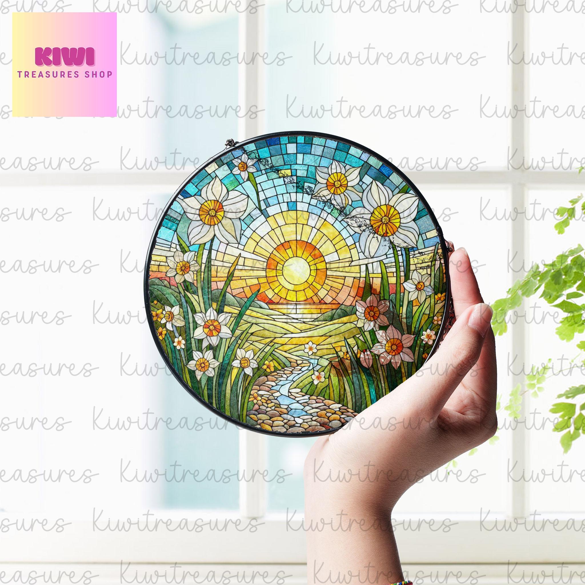 Narcissus Flower GLASS Suncatcher Hanging, Birth Month Flower glass, Window hanging, Narcissus field sunset, December birthday