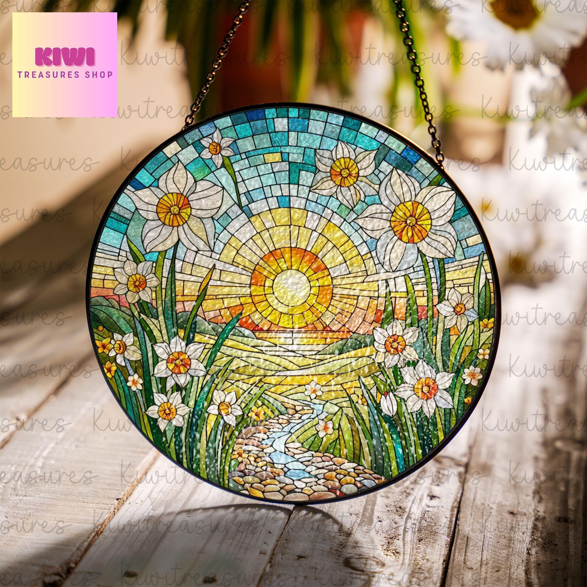 Narcissus Flower GLASS Suncatcher Hanging, Birth Month Flower glass, Window hanging, Narcissus field sunset, December birthday