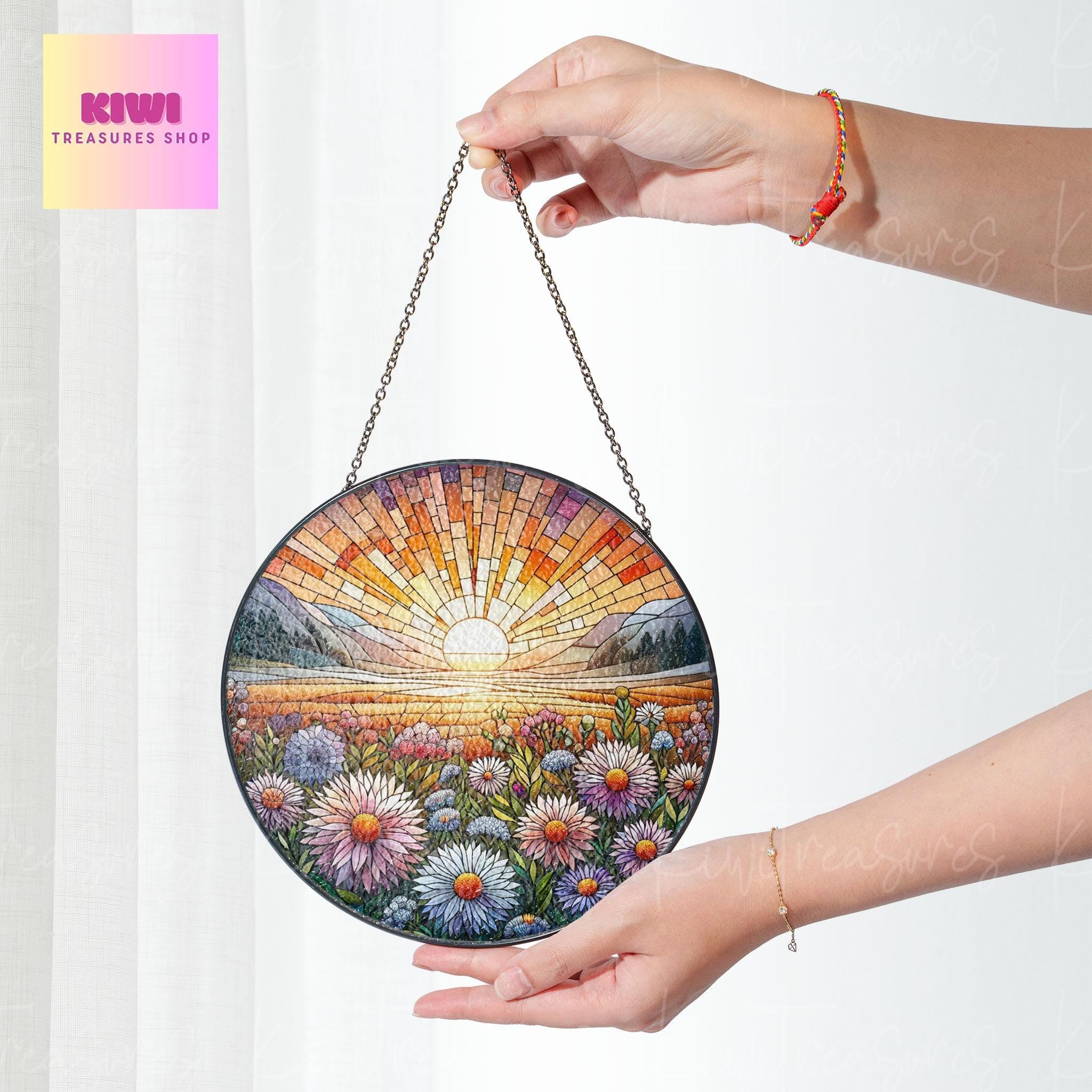 Aster Flowers GLASS Suncatcher Hanging, 20th Anniversary Flower glass, Window hanging, Aster field lover gift, Aster Flower suncatcher