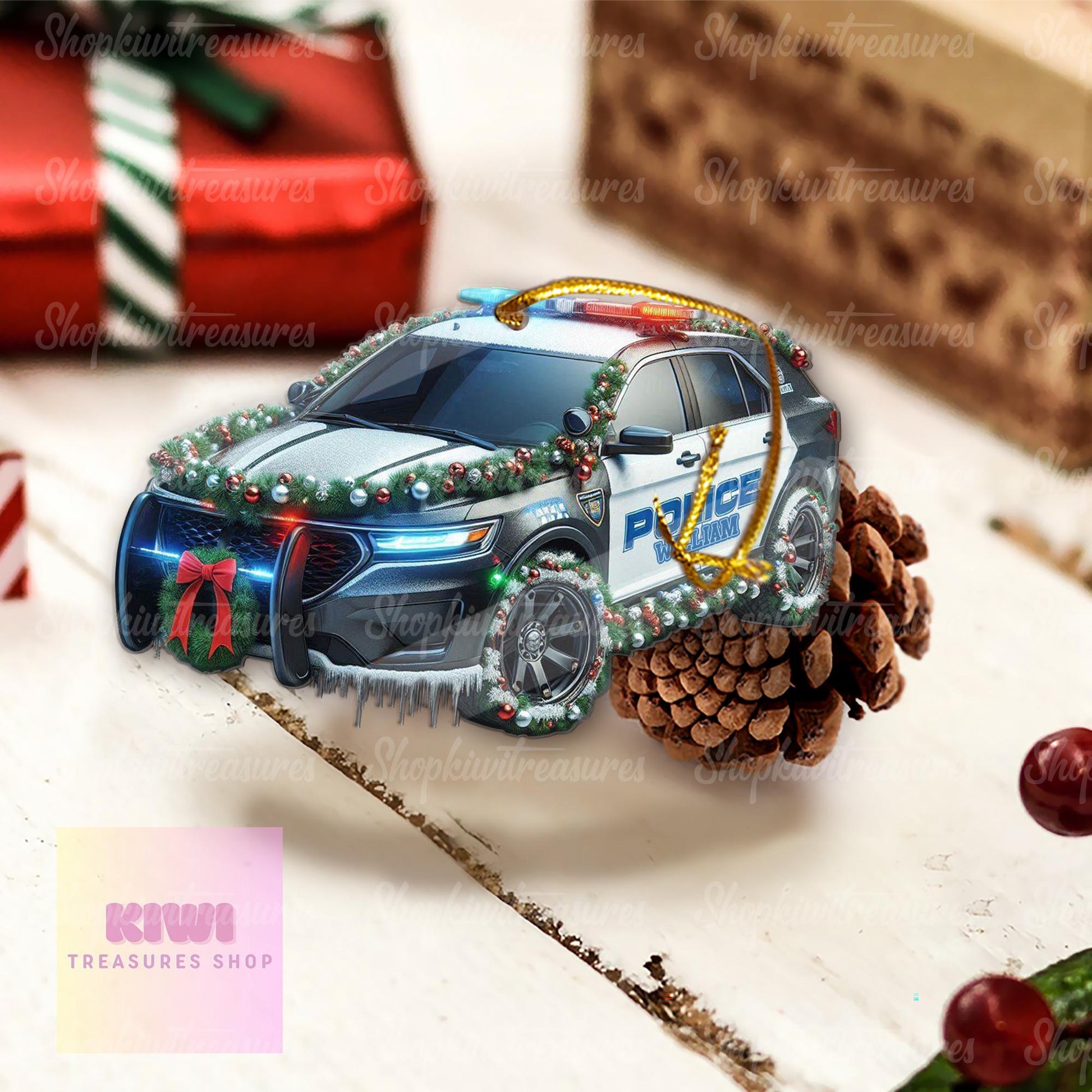 Personalized Police Car Xmas Ornament, 2D Flat Police Ornament, Police son gift, Christmas Police ornament, xmas hanging, gift for son