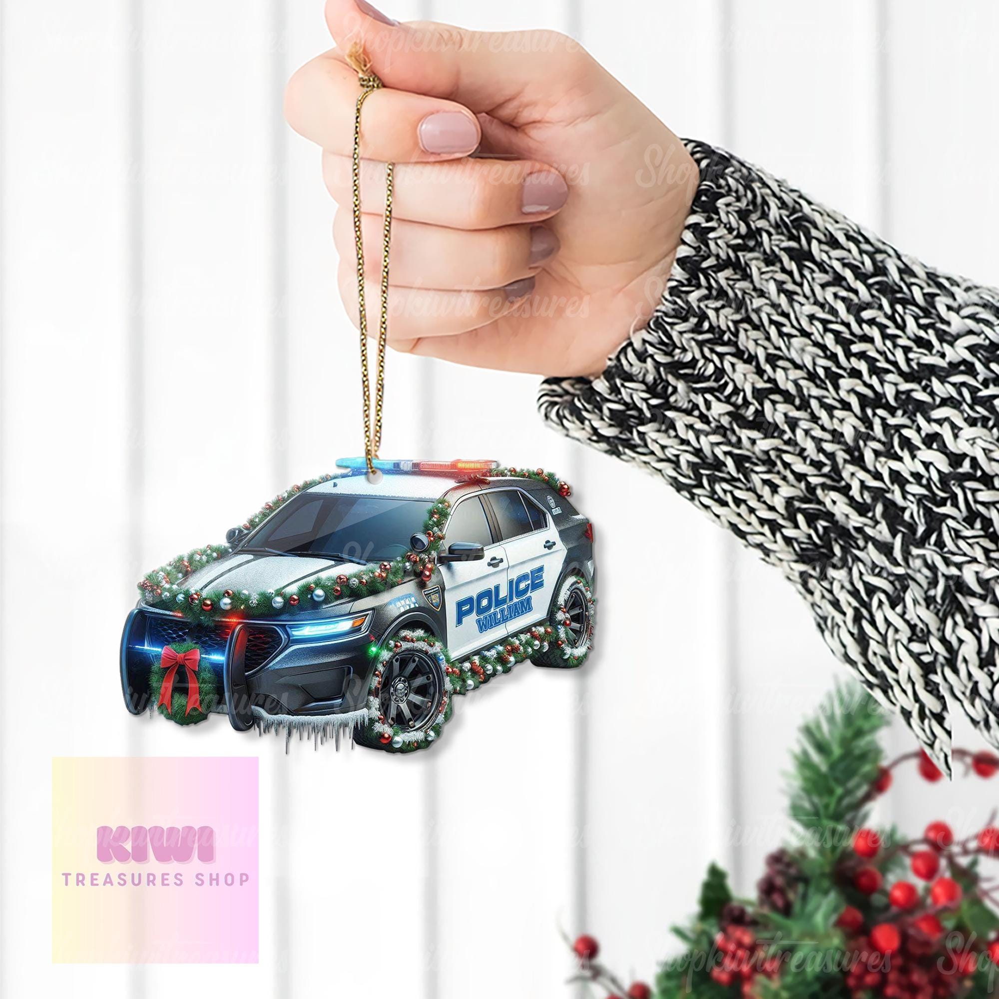 Personalized Police Car Xmas Ornament, 2D Flat Police Ornament, Police son gift, Christmas Police ornament, xmas hanging, gift for son
