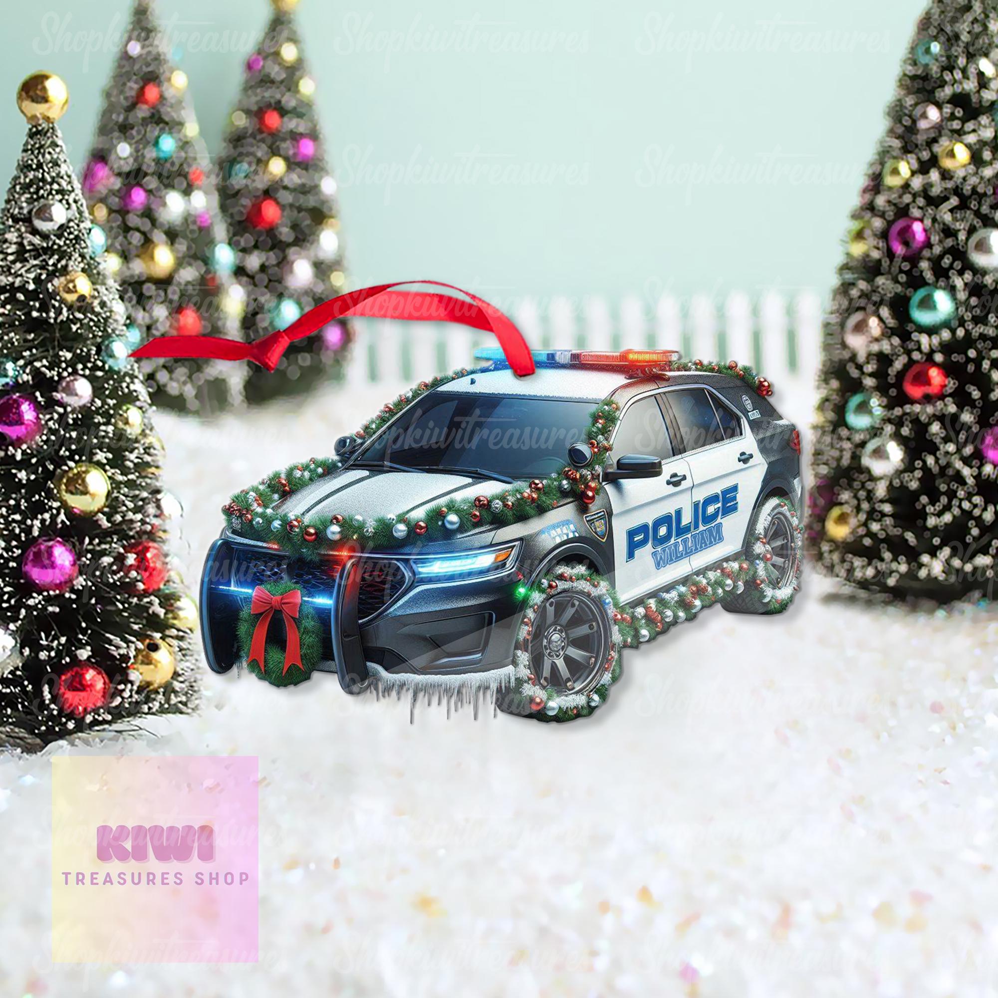 Personalized Police Car Xmas Ornament, 2D Flat Police Ornament, Police son gift, Christmas Police ornament, xmas hanging, gift for son